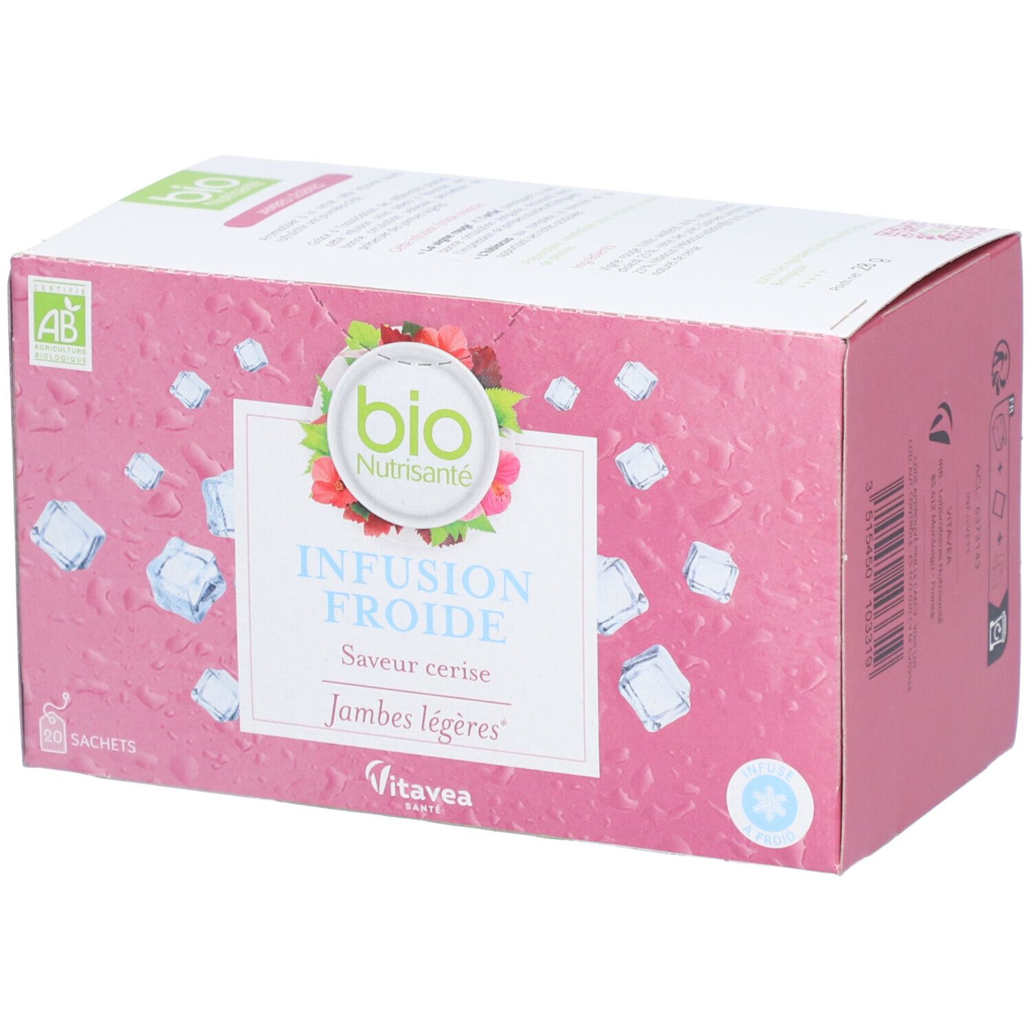 Rosa Schachtel mit "bio Nutrisanté" Logo, "Infusion Froide" und "Saveur cerise". AB-Siegel und Eiswürfel-Design.
