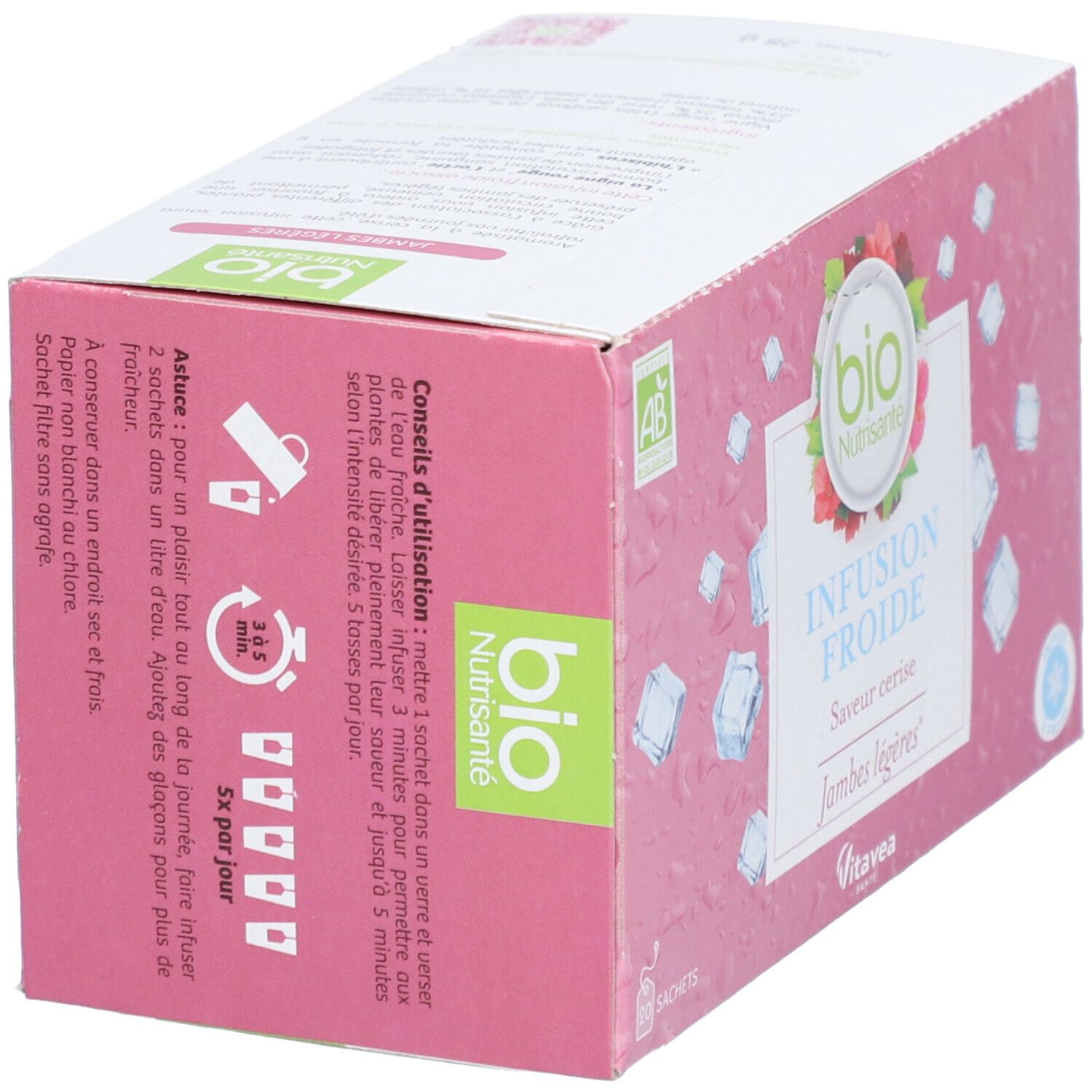 Rosa Schachtel mit "bio Nutrisanté" Logo, "Infusion Froide" und "Saveur cerise". Gebrauchsanweisung und AB-Siegel.