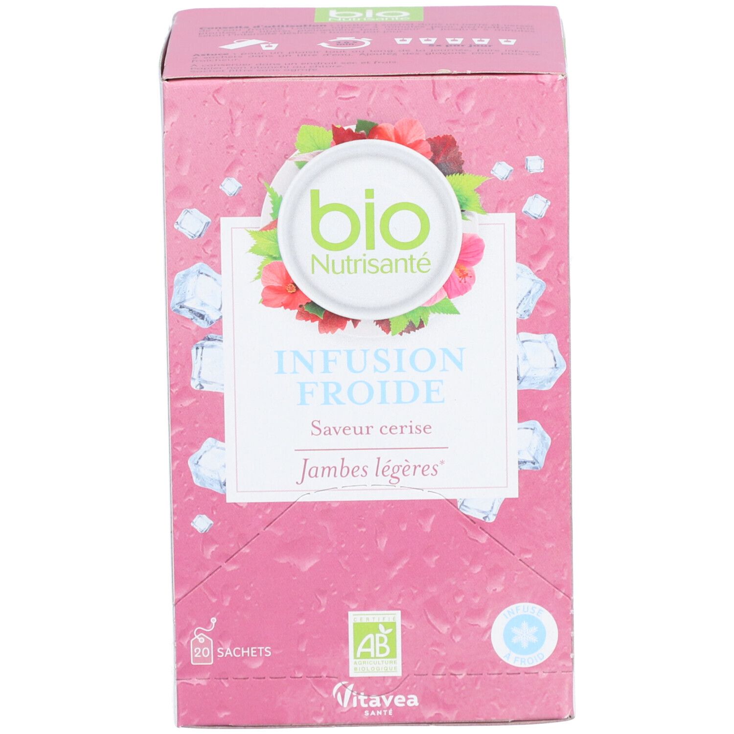 Rosa Schachtel mit "bio Nutrisanté" Logo, "Infusion Froide" und "Saveur cerise". AB-Siegel und Eiswürfel-Design.