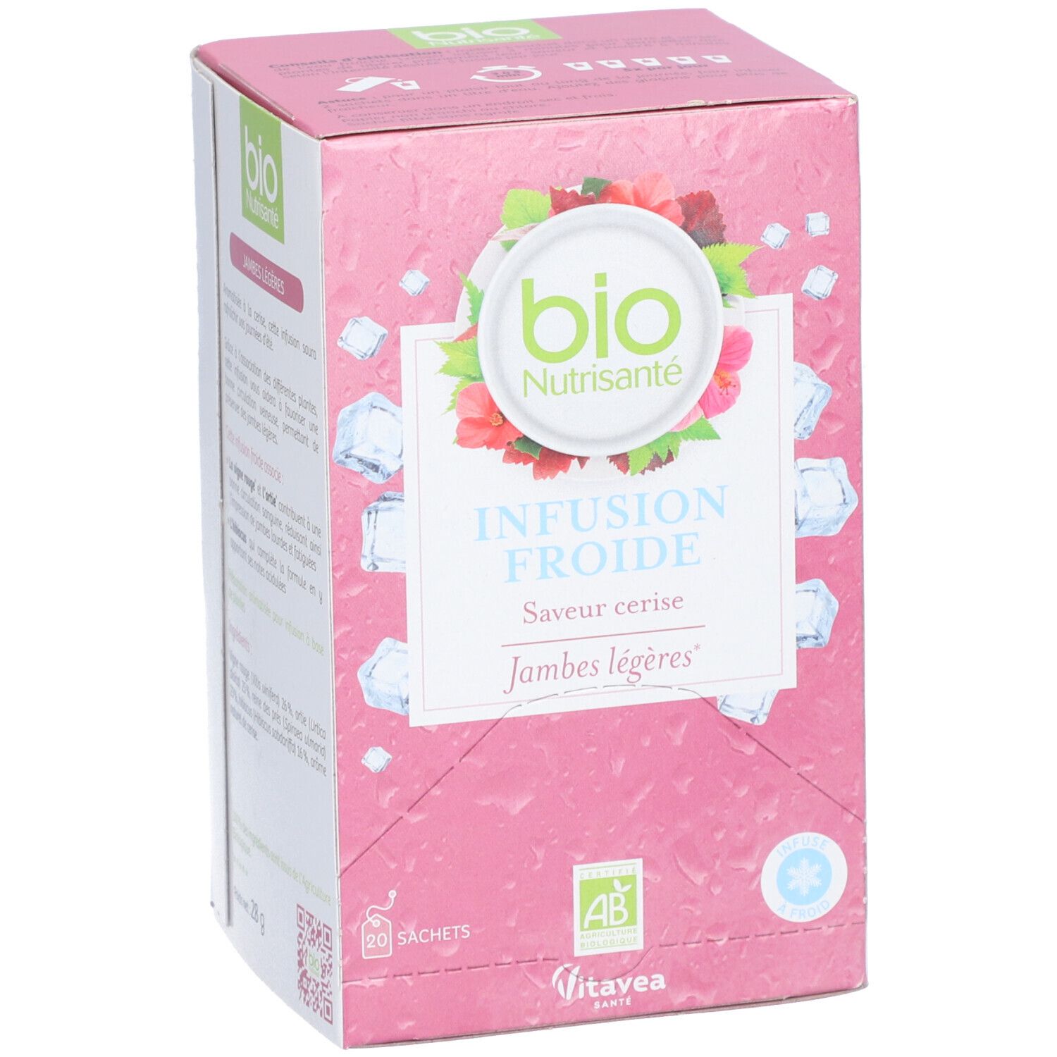 Rosa Schachtel mit "bio Nutrisanté" Logo, "Infusion Froide" und "Saveur cerise". AB-Siegel und Eiswürfel-Design.