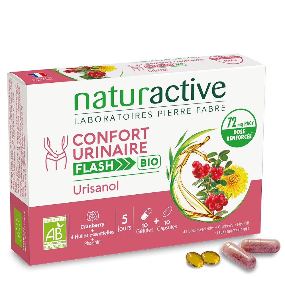 Boîte de gélules. Inscription: Naturactive CONFORT URINAIRE Flash Bio. Contient cranberry, 4 huiles essentielles, 10 gélules. Label AB Bio.