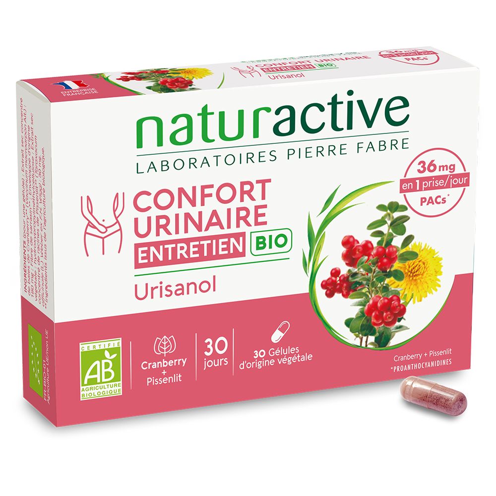 Boîte Naturactive Urisanol. 30 gélules. Cranberry, pissenlit. Certification Bio. 36mg PACs. Une gélule par jour.