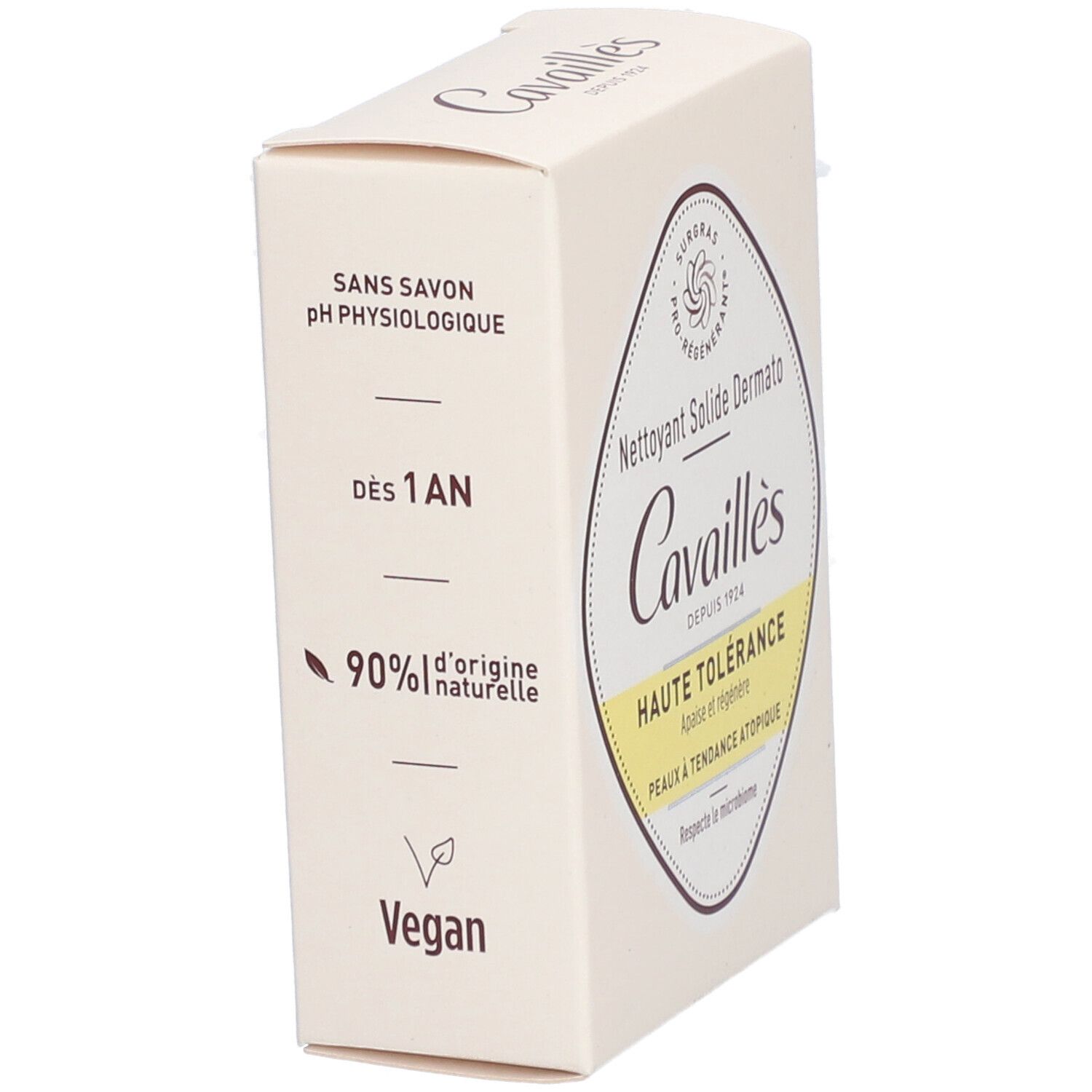 Emballage produit. Inscriptions: Cavaillès, Nettoyant Solide Dermato, Haute Tolérance. Vegan, 90% d'origine naturelle.