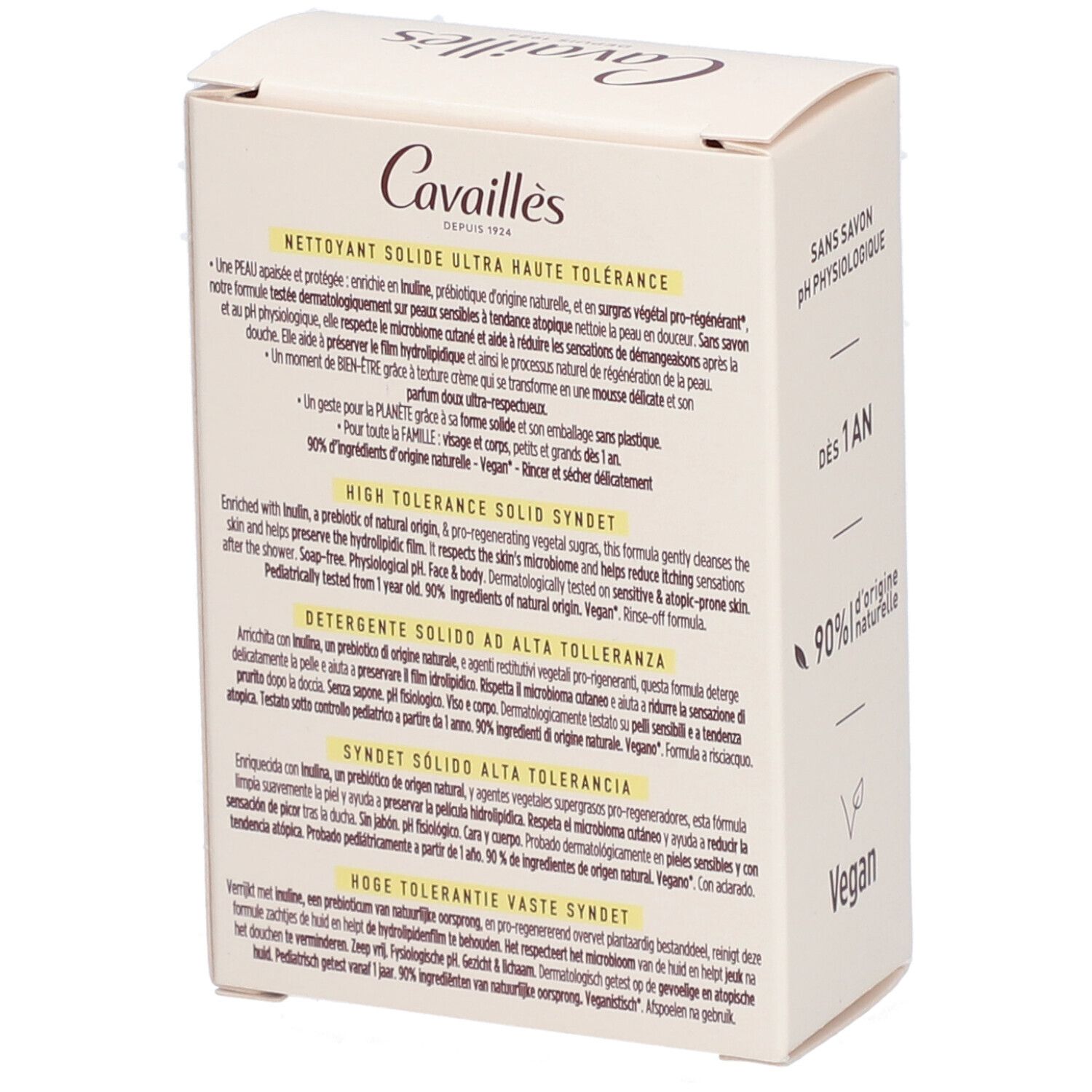 Dos de l'emballage. Texte multilingue. Contient des informations sur le produit et ses ingrédients.