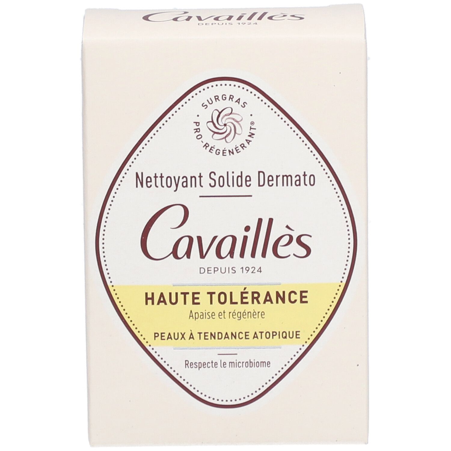 Emballage produit. Inscriptions: Cavaillès, Nettoyant Solide Dermato, Haute Tolérance. Pour peaux à tendance atopique.