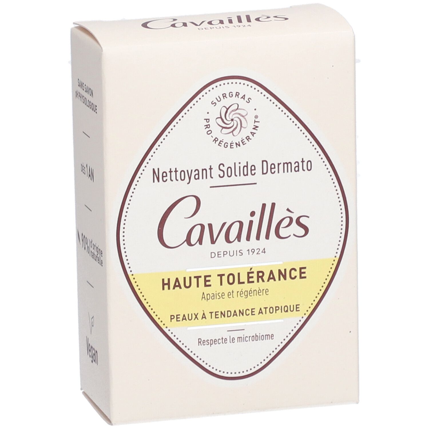 Emballage produit. Inscriptions: Cavaillès, Nettoyant Solide Dermato, Haute Tolérance. Pour peaux à tendance atopique.