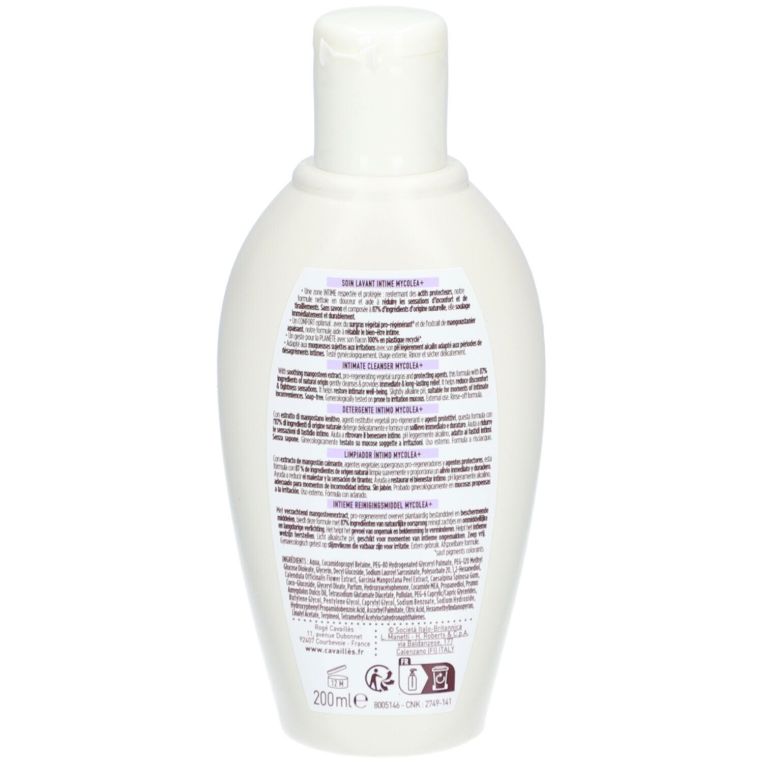 Dos du flacon blanc. Texte multilingue. Nom du produit: L'INTIME MYCOLEA+ Intimwaschpflege. Marque: Cavaillès.