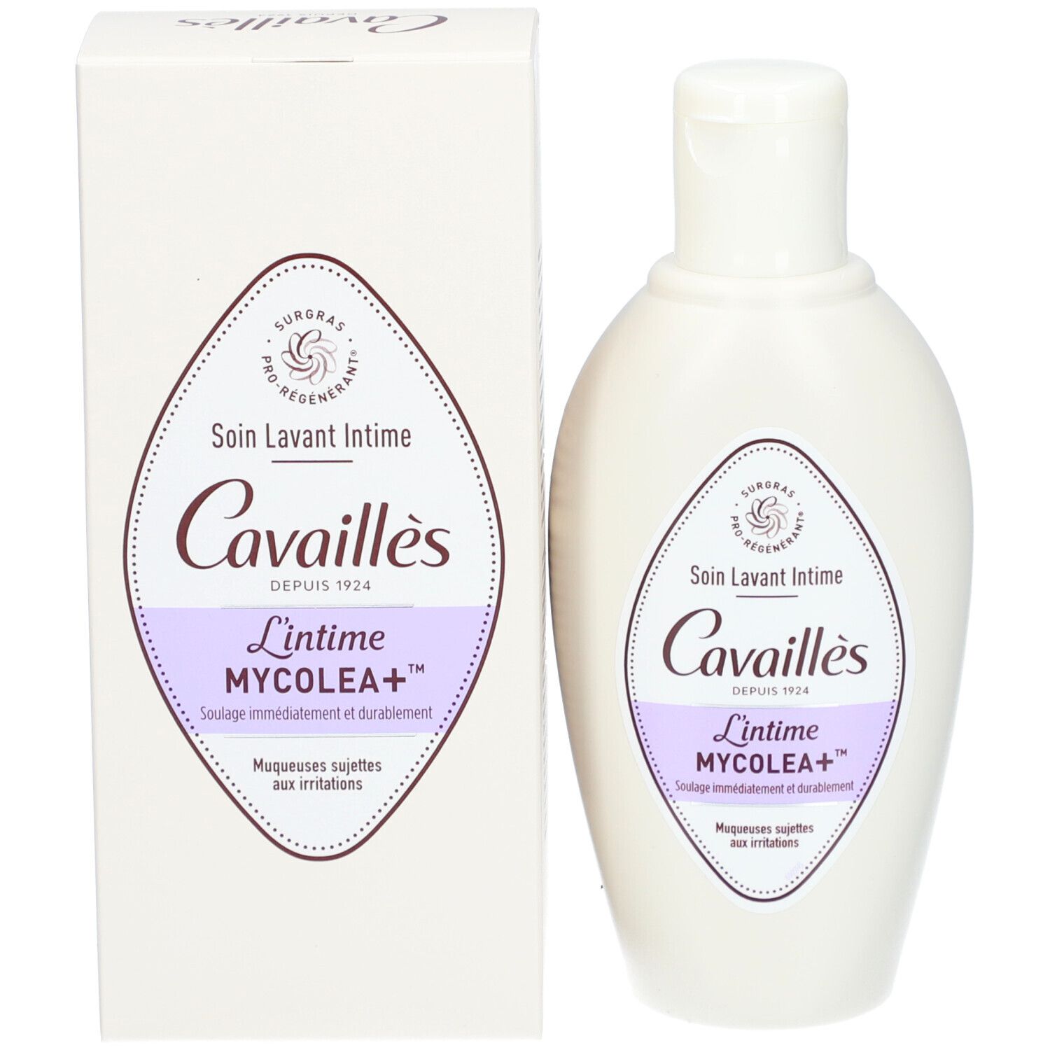 Produit et emballage. Boîte et flacon blancs. Inscription: L'INTIME MYCOLEA+ Intimwaschpflege. Marque: Cavaillès.