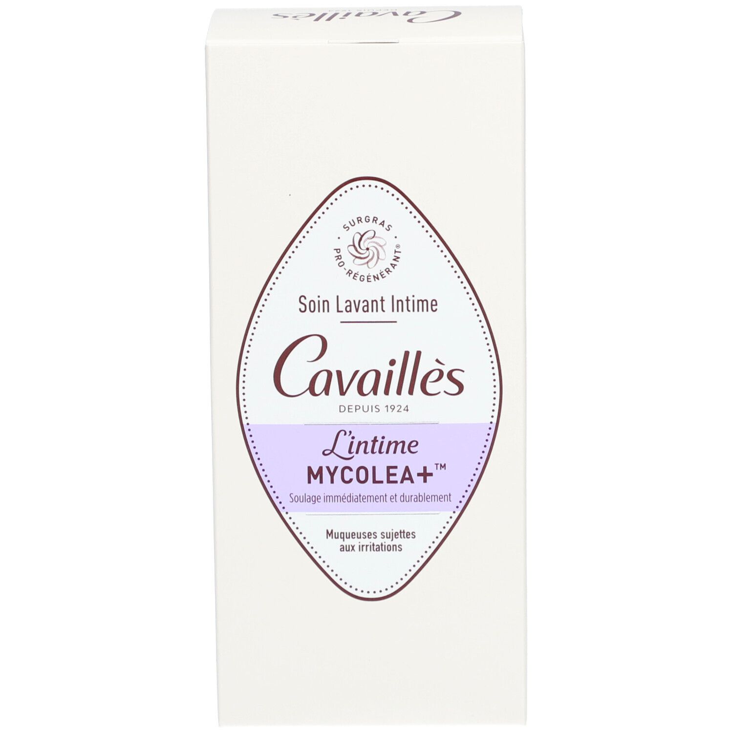 Emballage blanc. Inscription: L'INTIME MYCOLEA+ Intimwaschpflege. Marque: Cavaillès.