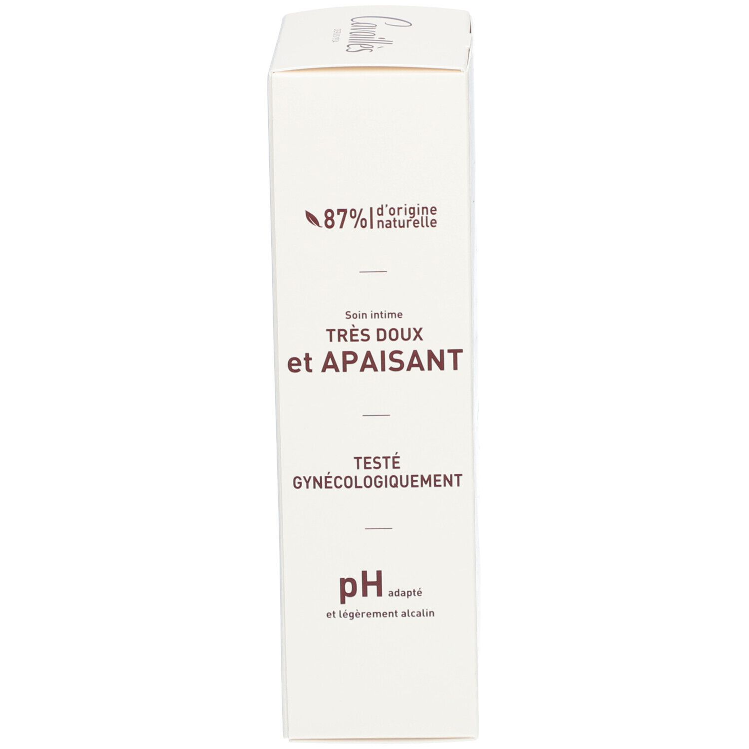 Emballage blanc. Texte: Très doux et apaisant. Testé gynécologiquement. pH adapté.