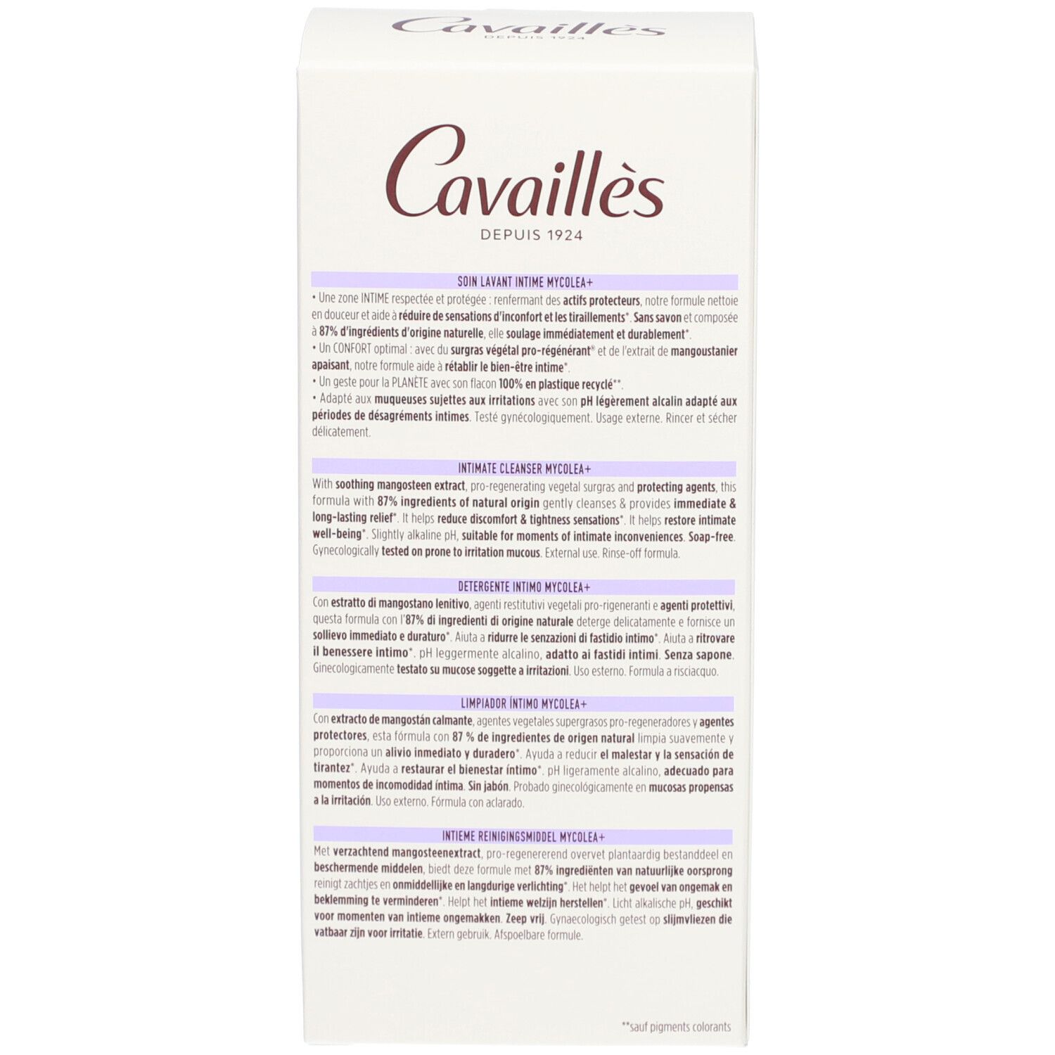 Emballage blanc. Texte multilingue. Nom du produit: L'INTIME MYCOLEA+ Intimwaschpflege. Marque: Cavaillès.