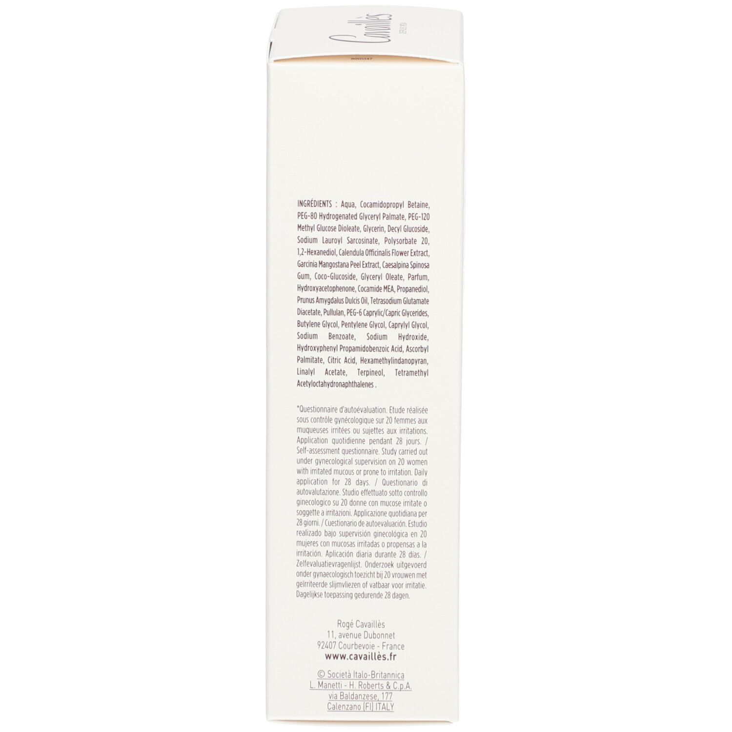 Emballage blanc. Liste des ingrédients. Texte multilingue. Marque: Cavaillès.