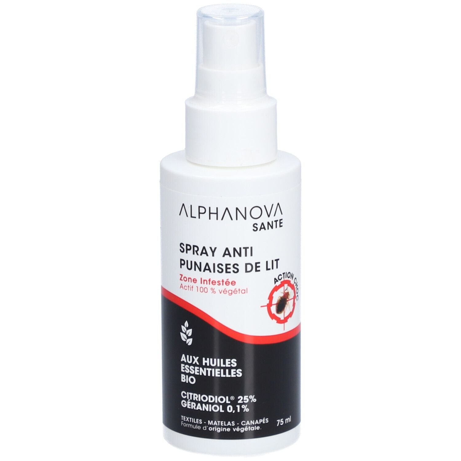 Weiße Sprühflasche. Text: ALPHANOVA SANTE, Spray Anti Punaises de Lit, Zone Infestée, Actif 100% végétal. Mit Bio-Ölen.