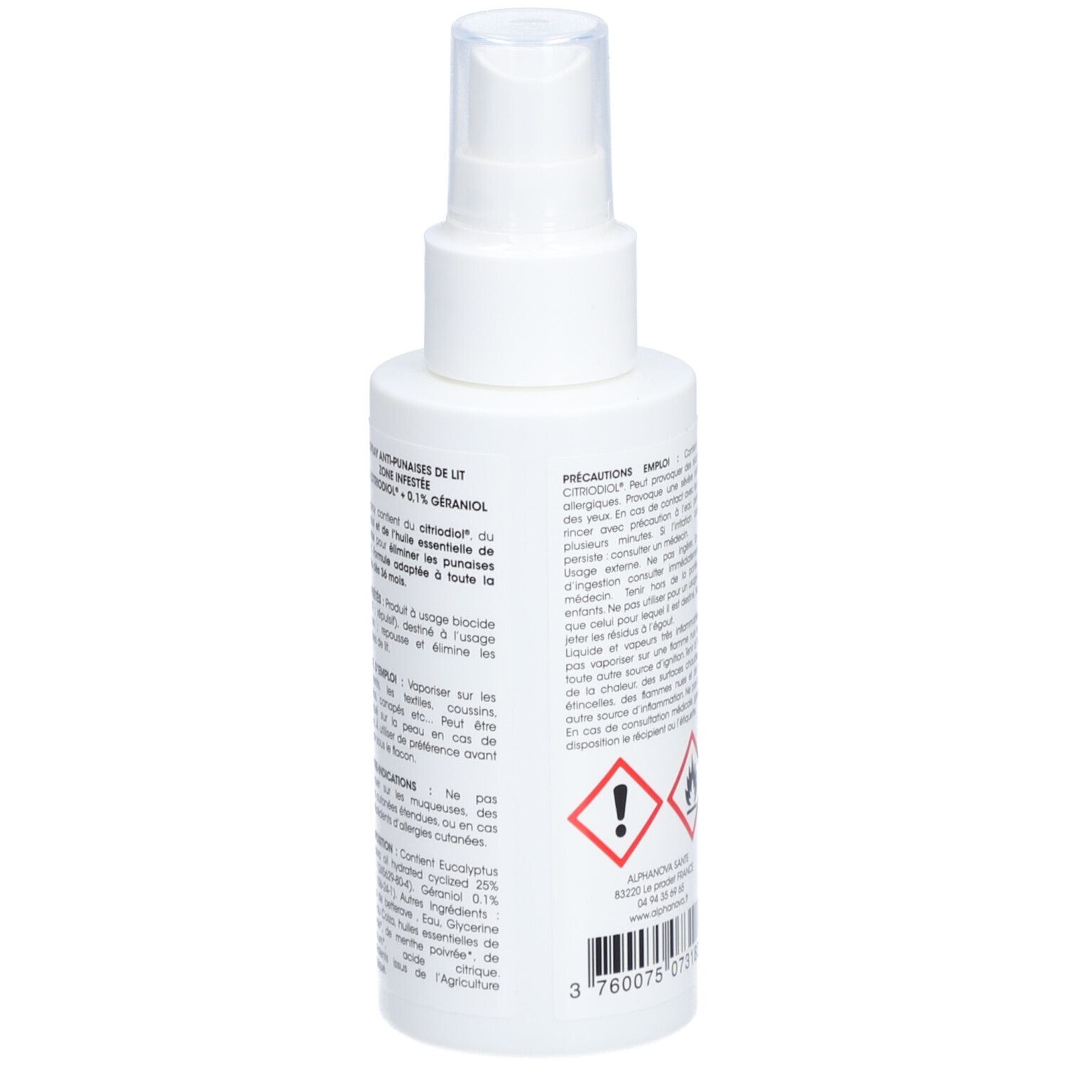 Weiße Sprühflasche. Rückseite mit Text und Piktogrammen: Ausrufezeichen, Gesundheitsrisiko. Text: ALPHANOVA SANTE, Made in France.