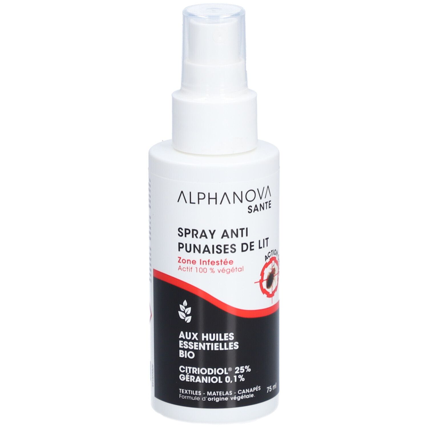 Weiße Sprühflasche. Text: ALPHANOVA SANTE, Spray Anti Punaises de Lit, Zone Infestée, Actif 100% végétal. Mit Bio-Ölen.