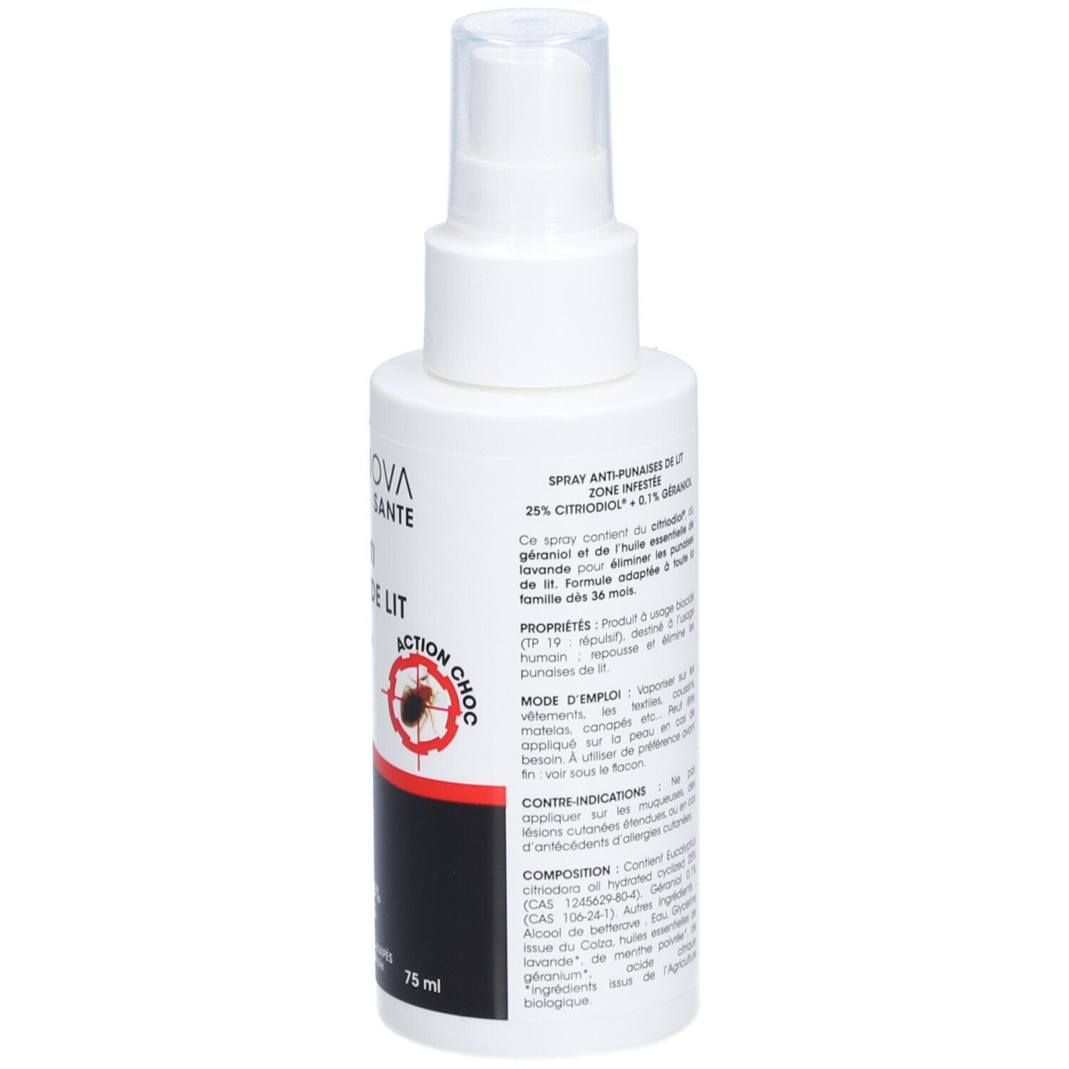 Weiße Sprühflasche. Text: ALPHANOVA SANTE, Spray Anti Punaises de Lit, Zone Infestée, Actif 100% végétal. Mit Bio-Ölen. 75 ml.