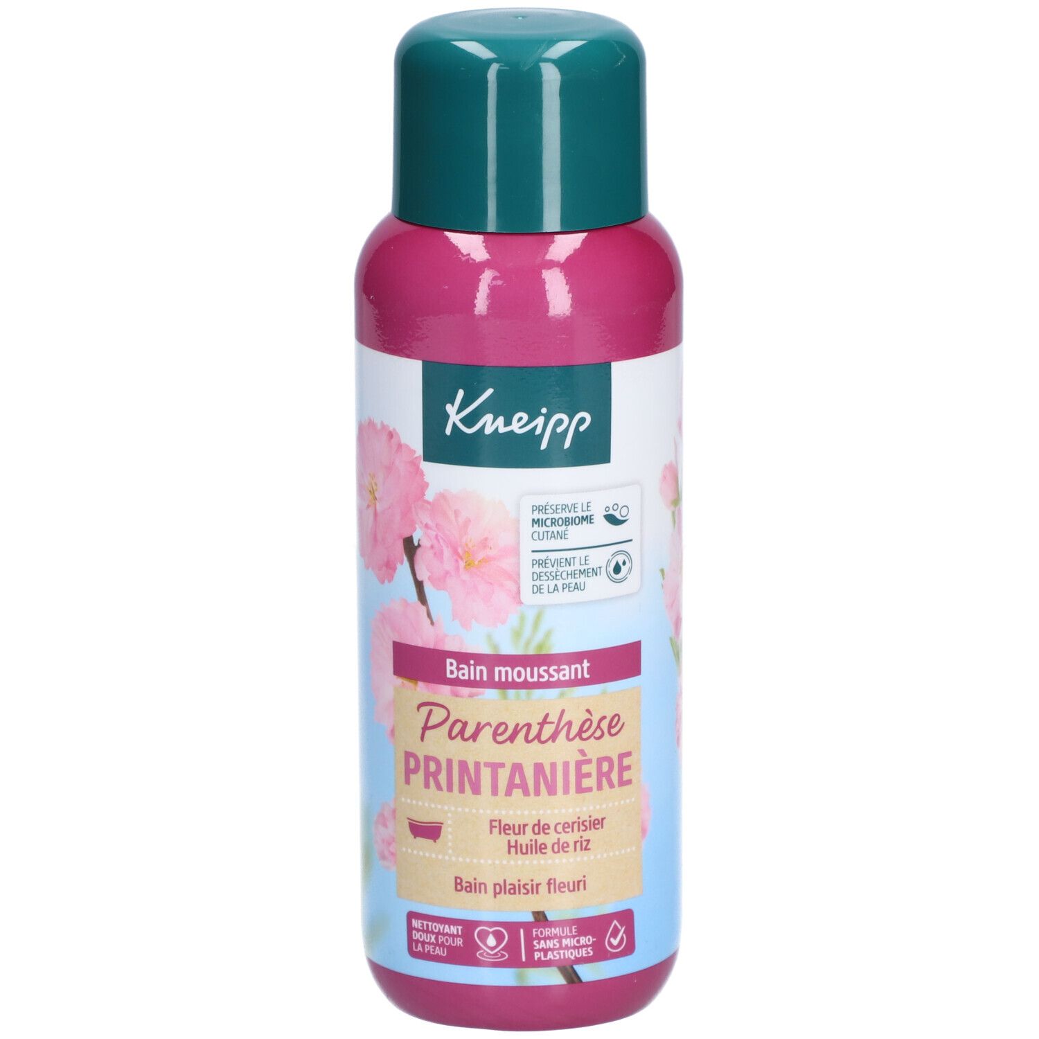 Flacon rose et vert. Inscription: Kneipp, Parenthèse Printanière, fleur de cerisier, huile de riz. Formule sans microplastiques.