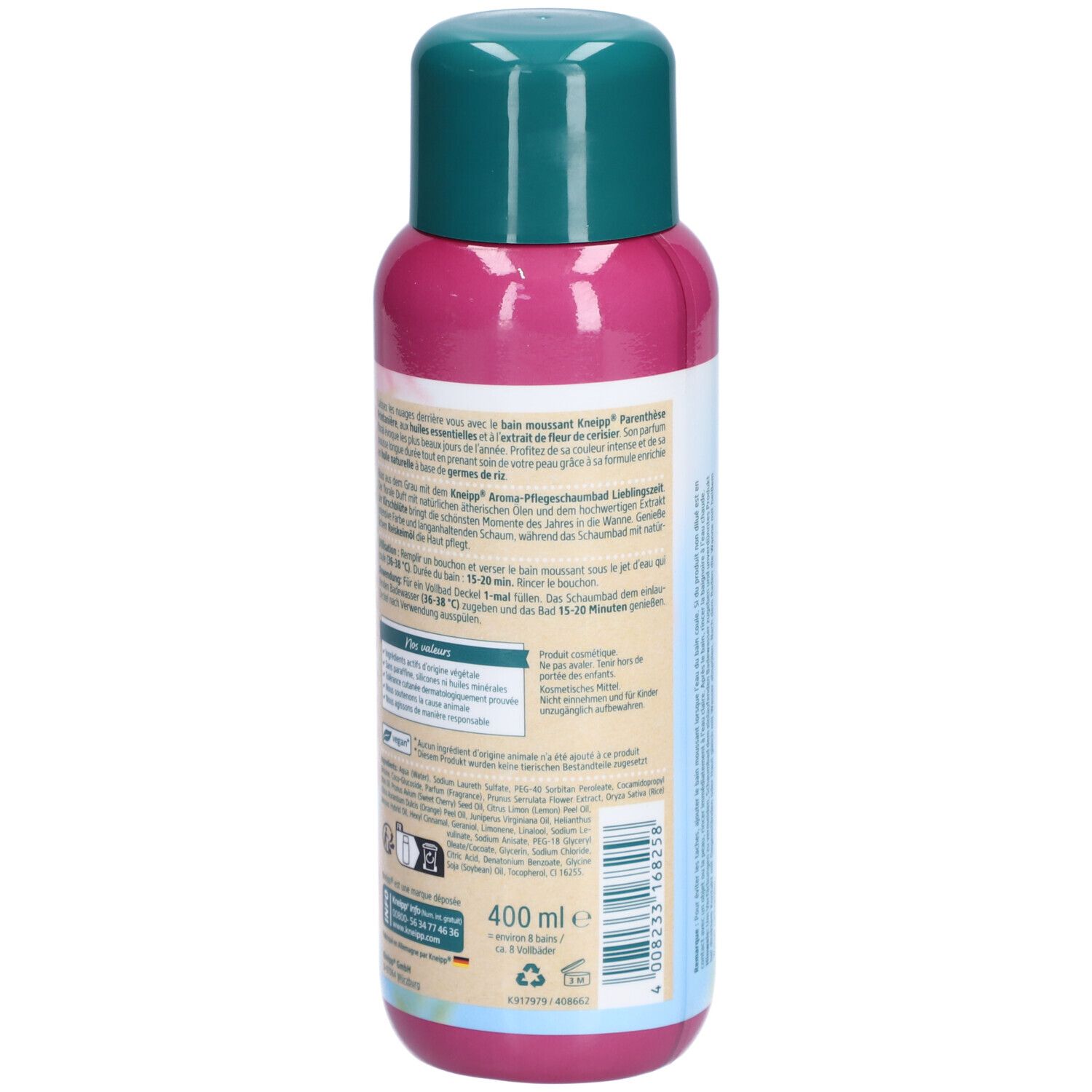 Dos du flacon avec texte. Inscription: Kneipp, Parenthèse Printanière, fleur de cerisier, huile de riz. Ingrédients et 400 ml.