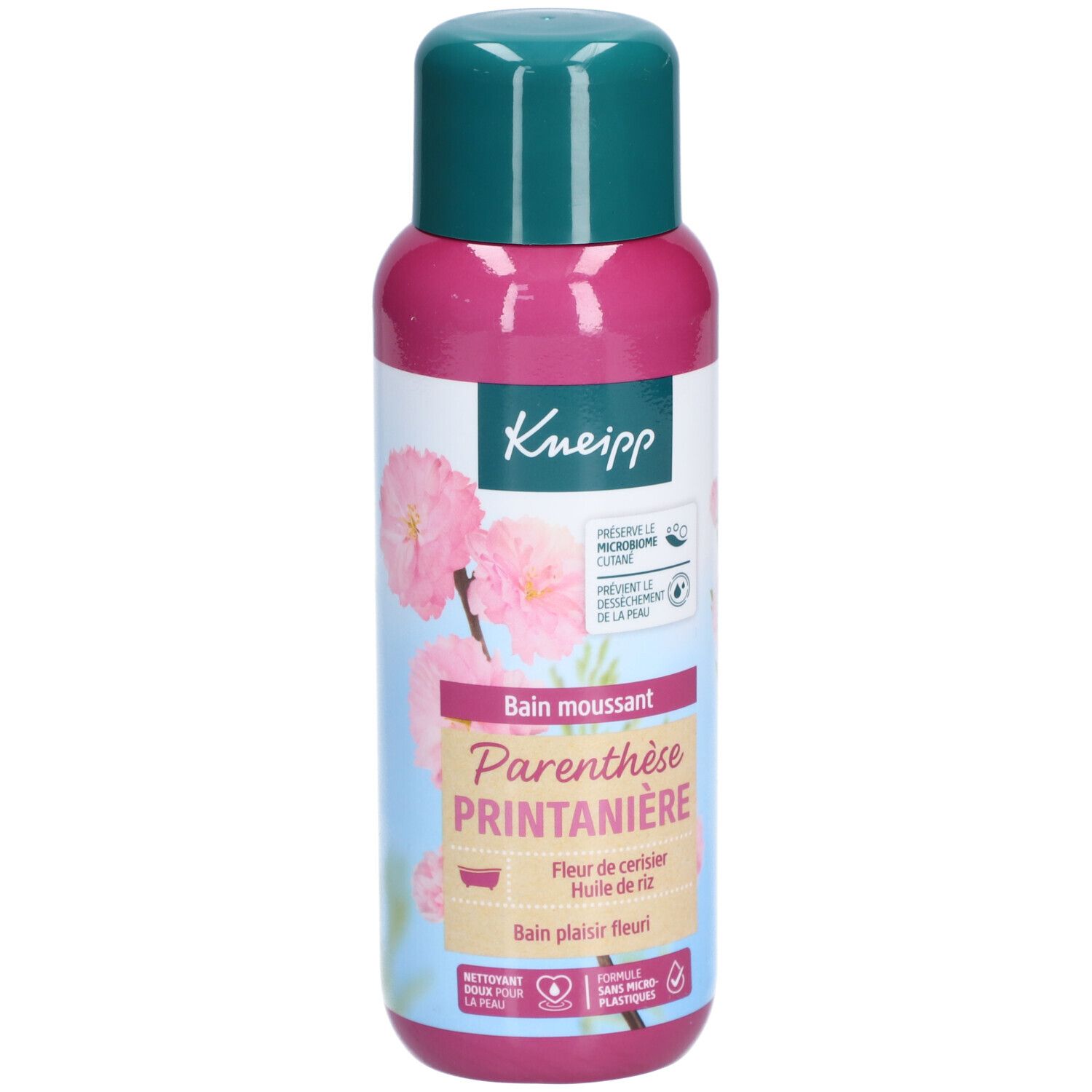 Flacon rose et vert. Inscription: Kneipp, Parenthèse Printanière, fleur de cerisier, huile de riz. Avec logo.
