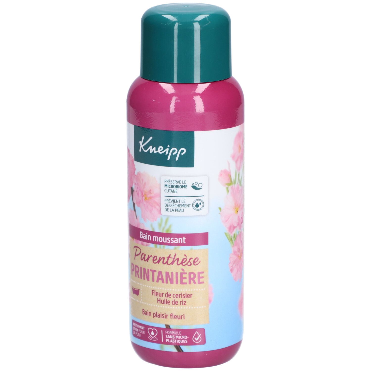 Flacon rose et vert. Inscription: Kneipp, Parenthèse Printanière, fleur de cerisier, huile de riz. Sans microplastiques.