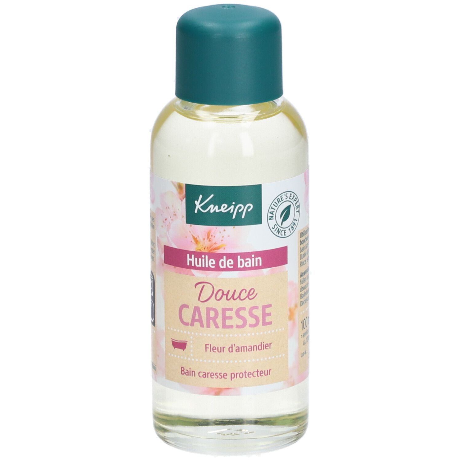 Kneipp-fles met groene dop. Etiket met productnaam en bloemmotief. Bevat badolie.