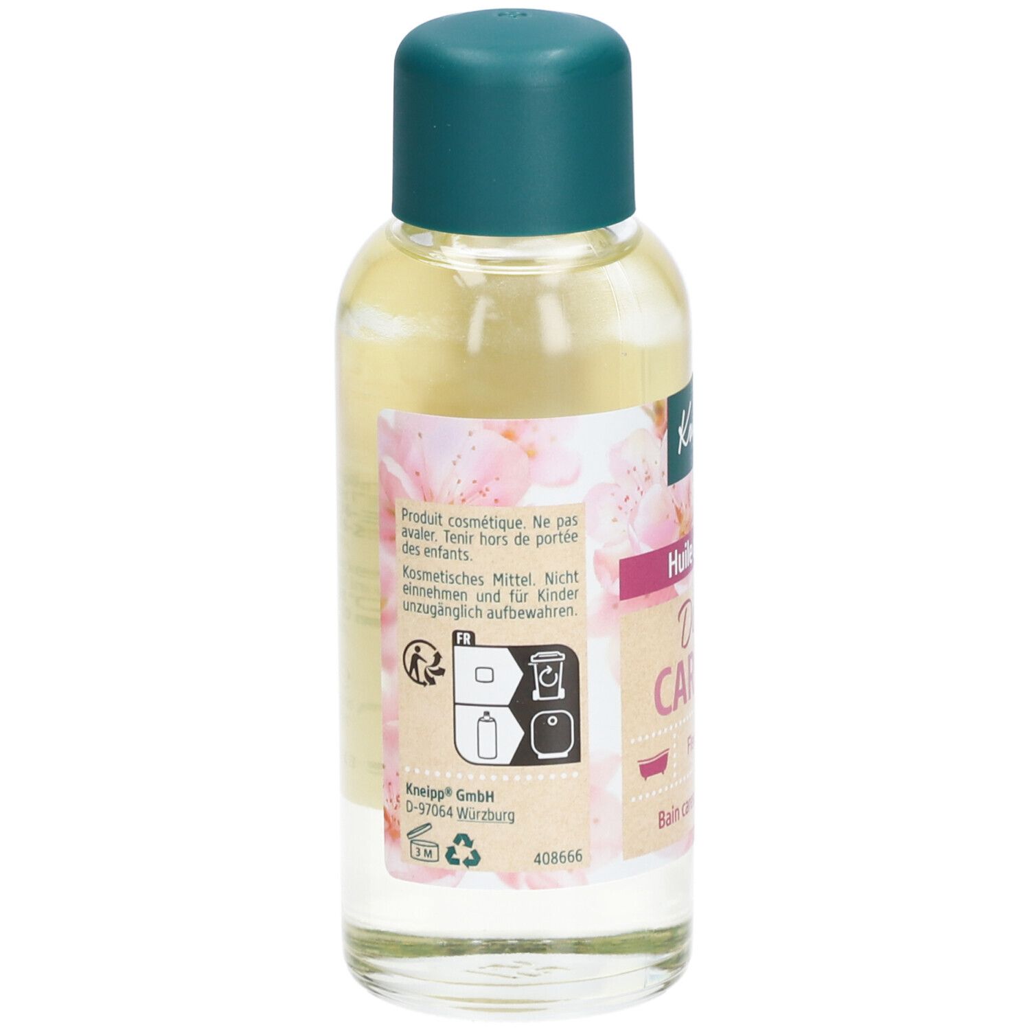 Achterkant van de Kneipp-fles met groene dop. Etiket met productinformatie en symbolen.