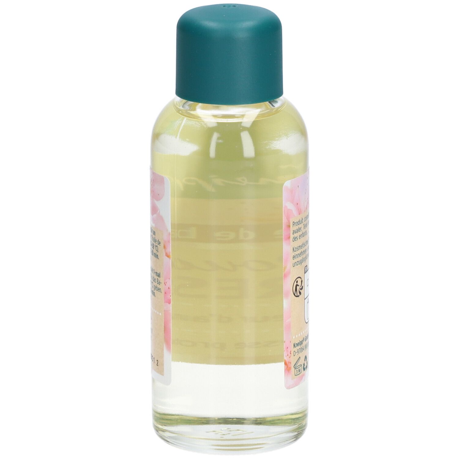 Achterkant van de Kneipp-fles met groene dop. Etiket met productinformatie en symbolen.