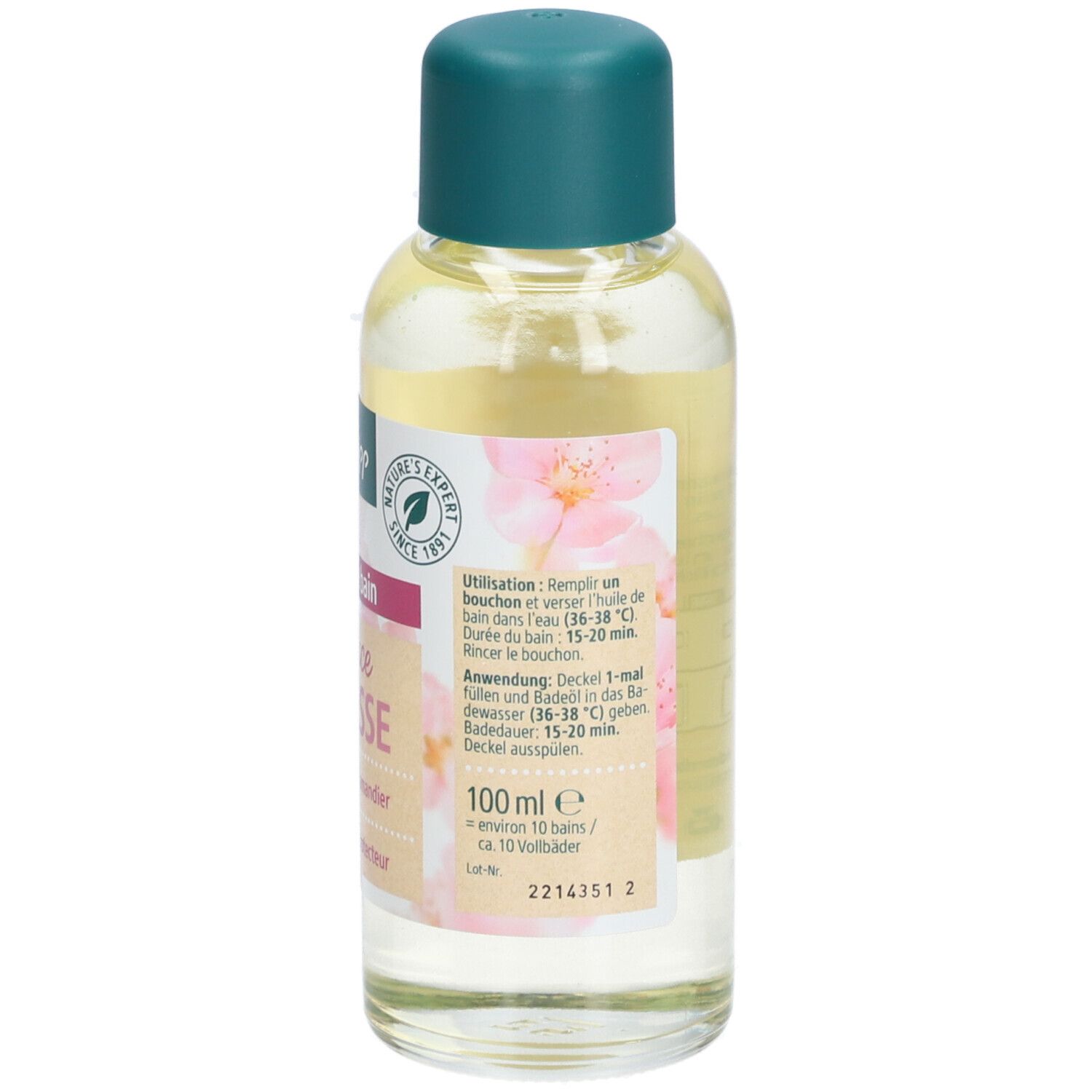 Kneipp-fles met groene dop. Etiket met productnaam, bloemmotief en gebruiksaanwijzing.