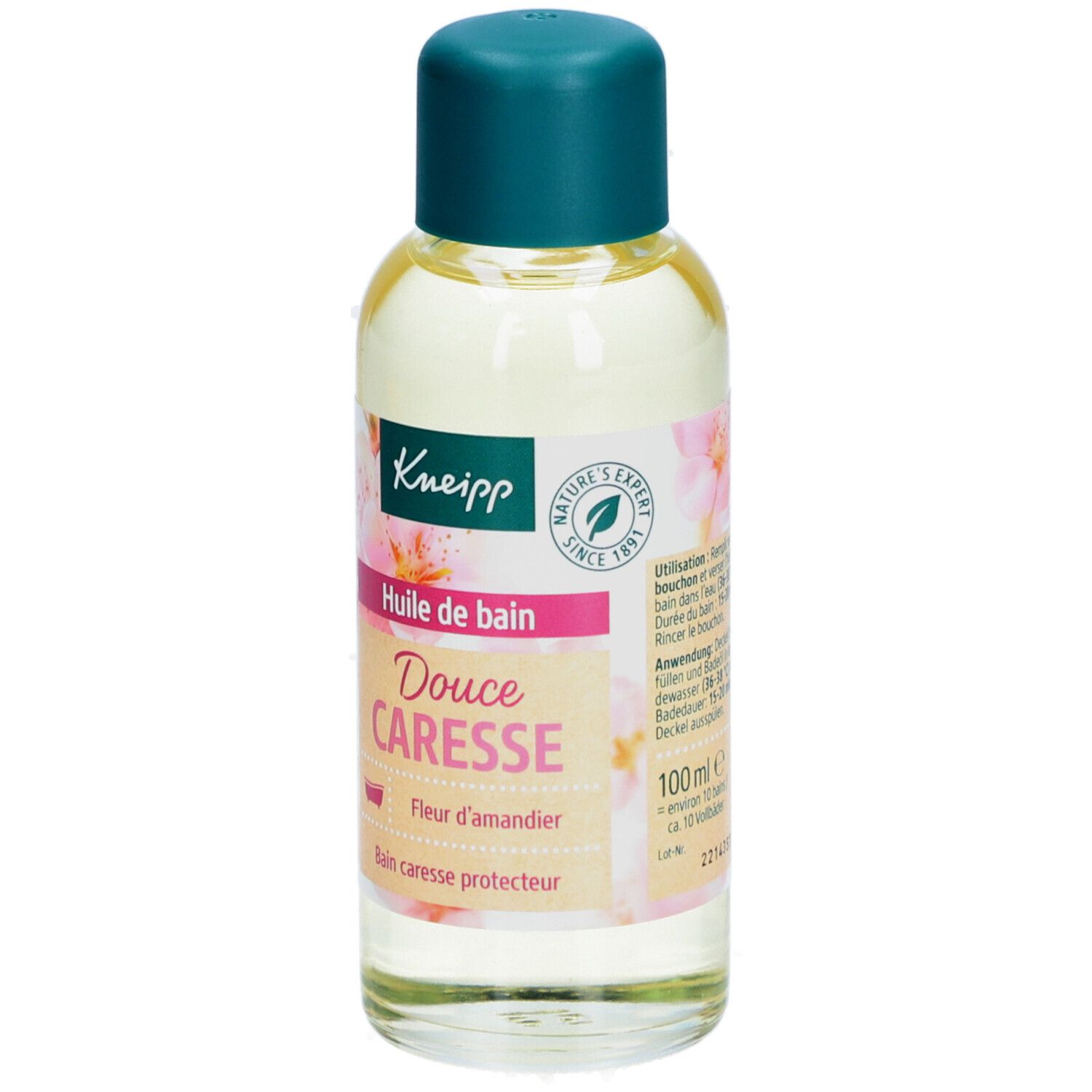 Kneipp-fles met groene dop. Etiket met productnaam en bloemmotief. Bevat badolie.