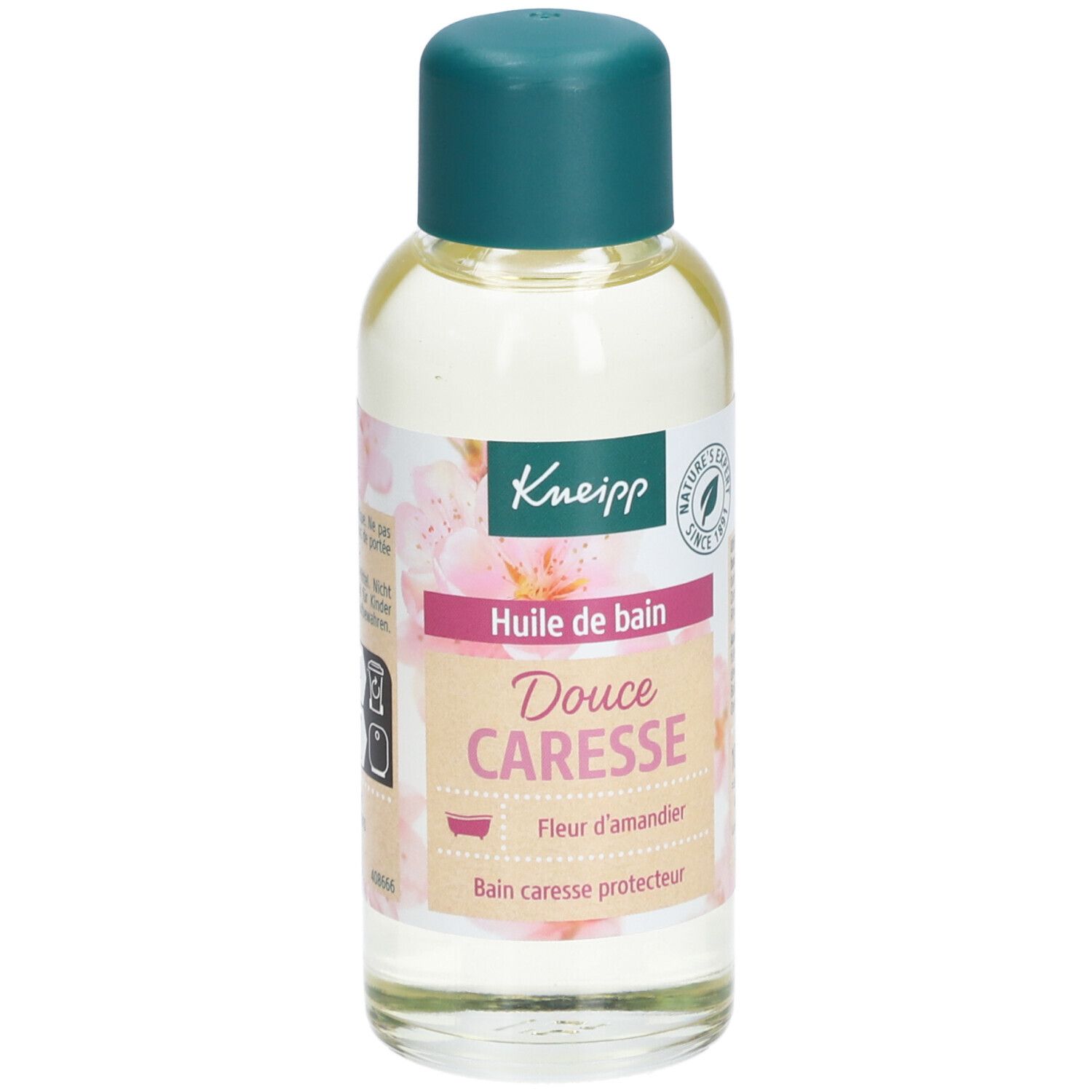Kneipp-fles met groene dop. Etiket met productnaam en bloemmotief. Bevat badolie.