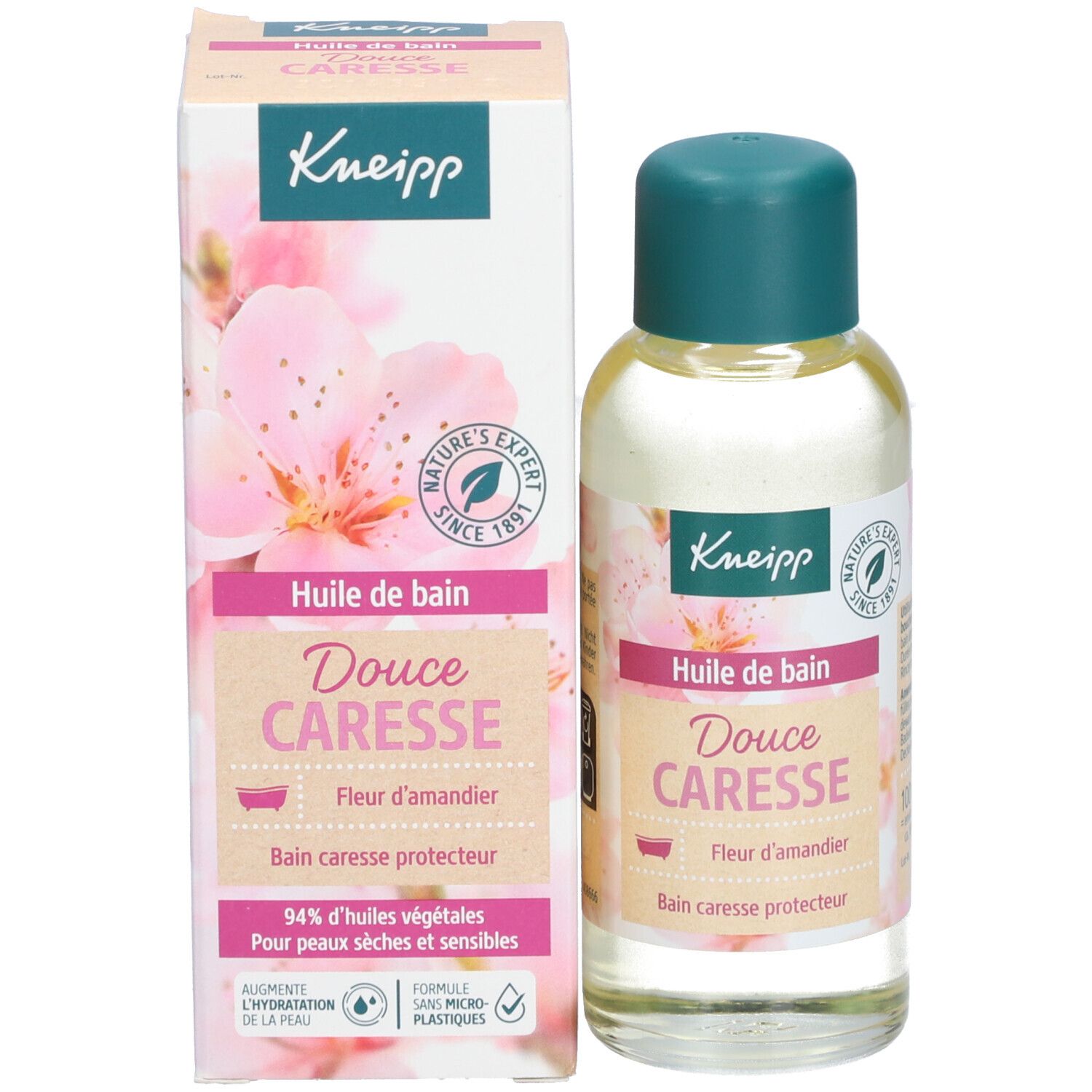 Kneipp-fles en verpakking. Fles met groene dop, etiket met productnaam. Doos met bloemmotief.