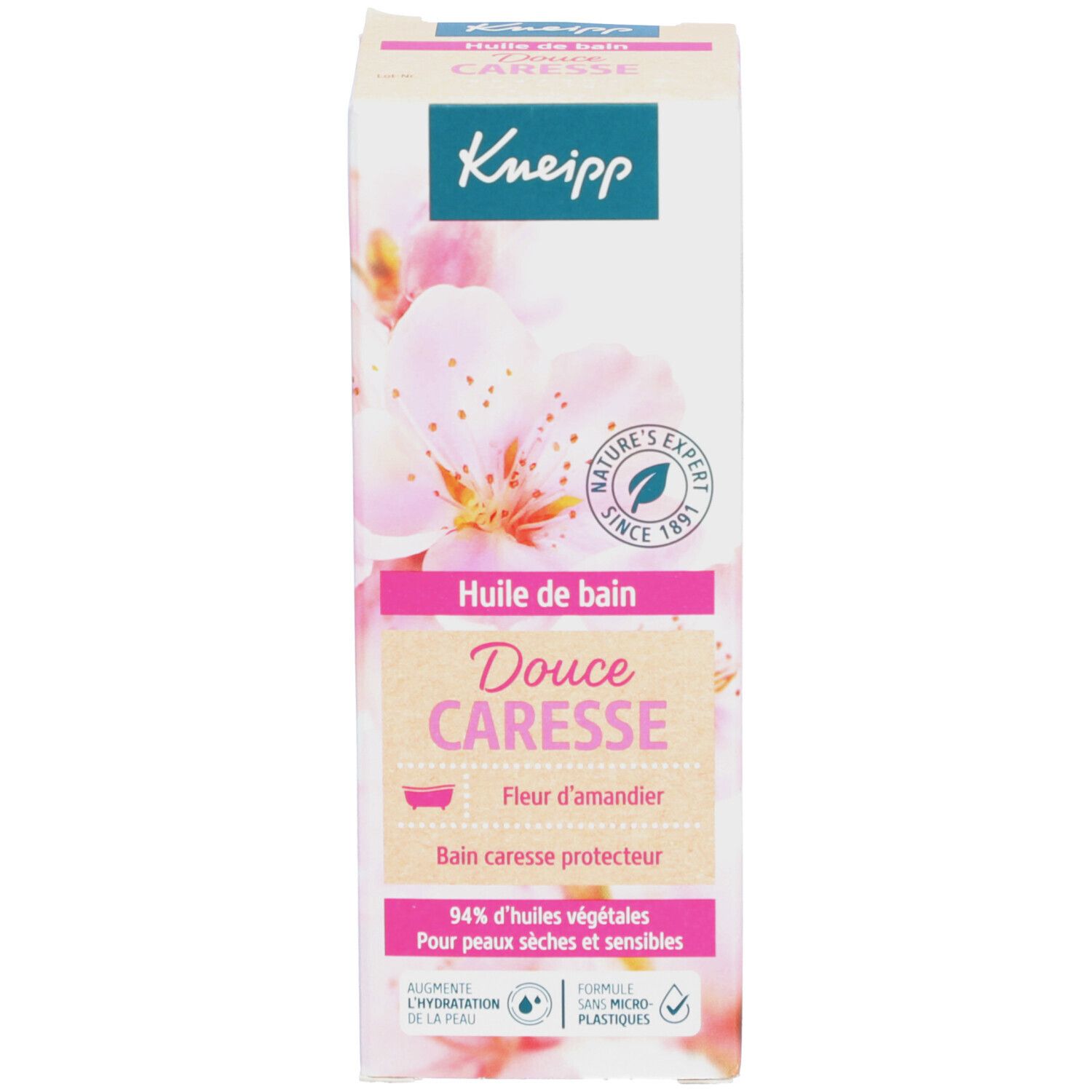 Kartonnen verpakking met bloemmotief en productnaam. Bevat badolie. Merk Kneipp.