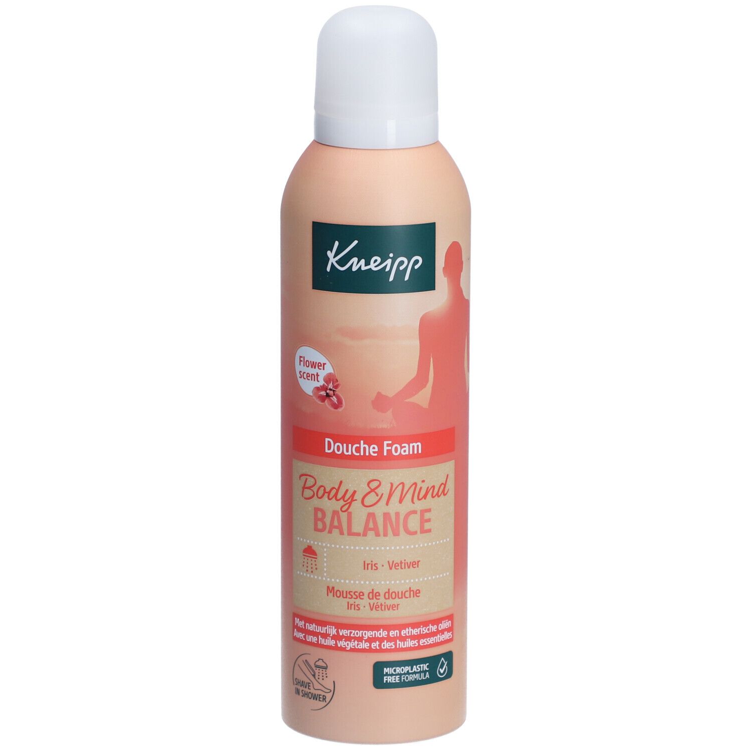 Mousse de douche Kneipp. Flacon beige rosé à bouchon blanc. Inscriptions et illustrations. "Body & Mind Balance".