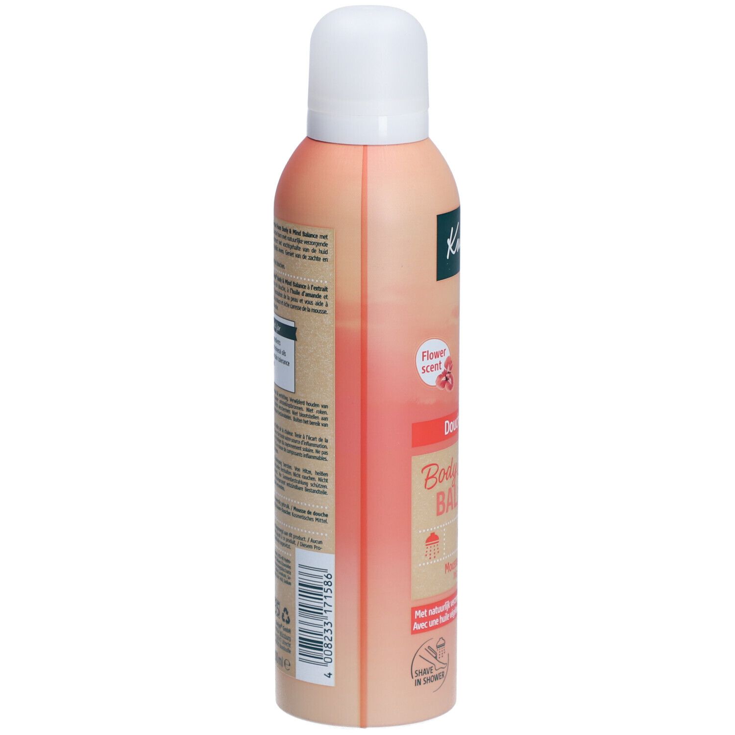 Mousse de douche Kneipp, vue latérale. Flacon beige rosé à bouchon blanc. Texte et code-barres. "Body & Mind Balance".