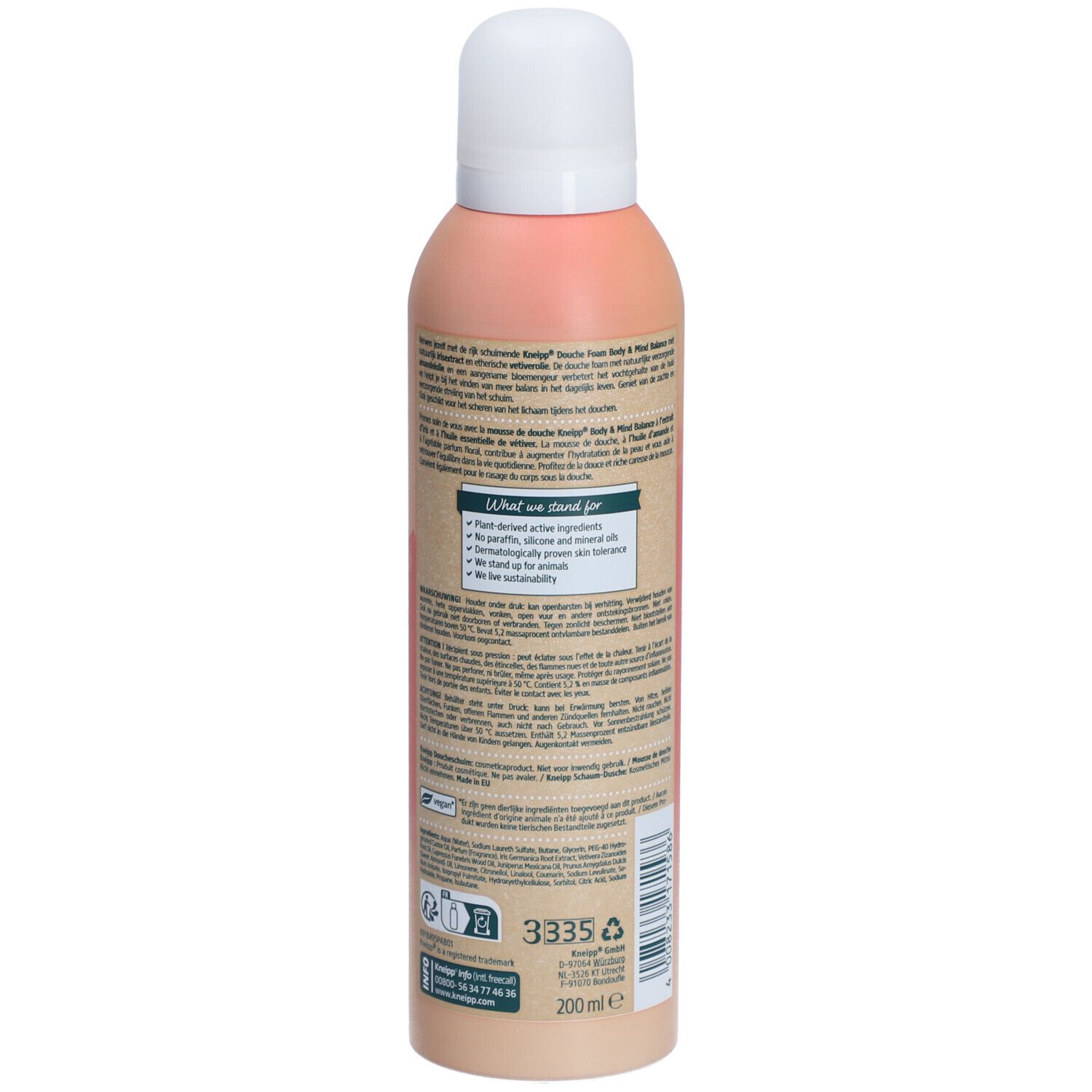 Mousse de douche Kneipp, dos. Flacon beige rosé à bouchon blanc. Texte, ingrédients et logos. 200ml.