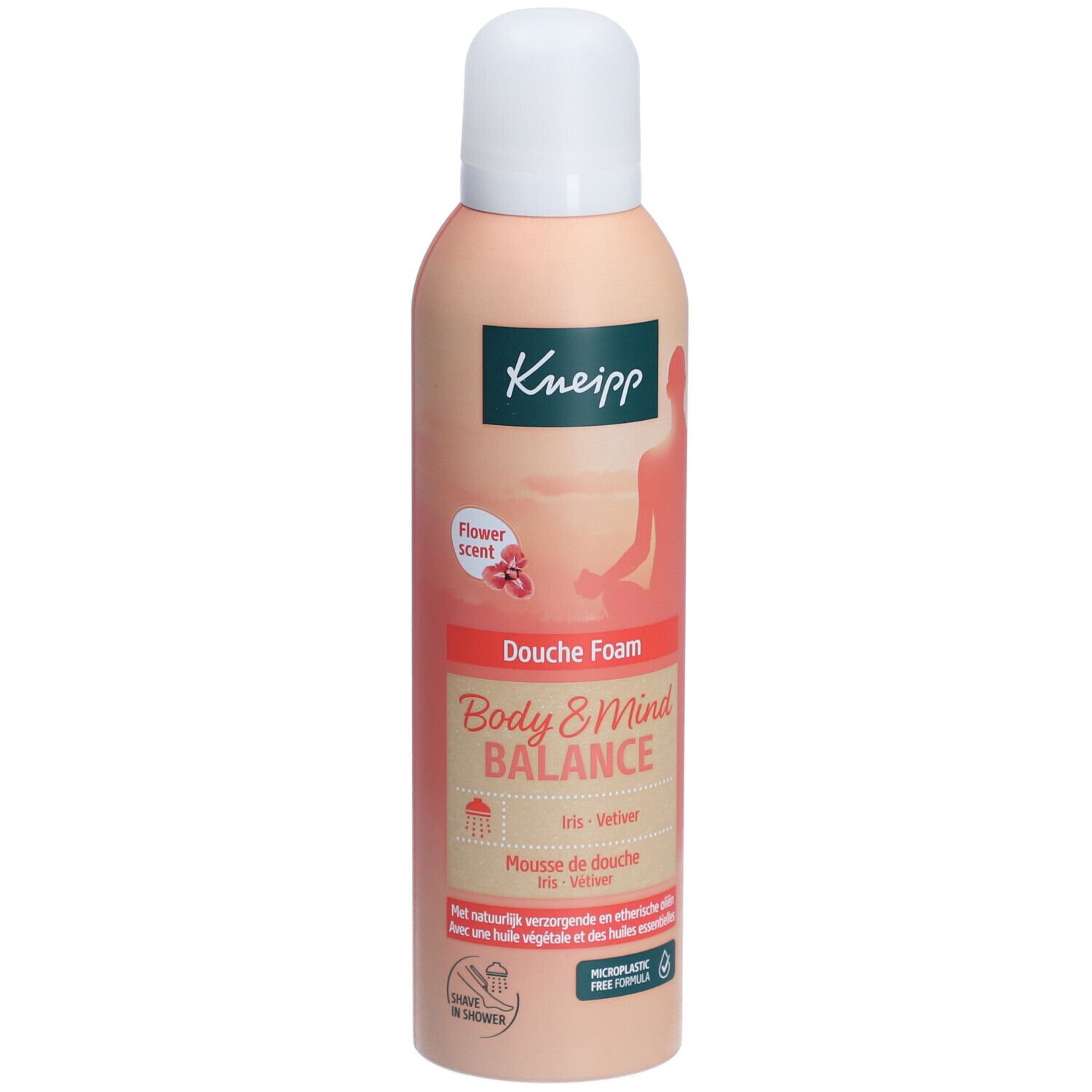Mousse de douche Kneipp. Flacon beige rosé à bouchon blanc. Inscriptions et illustrations. "Body & Mind Balance".