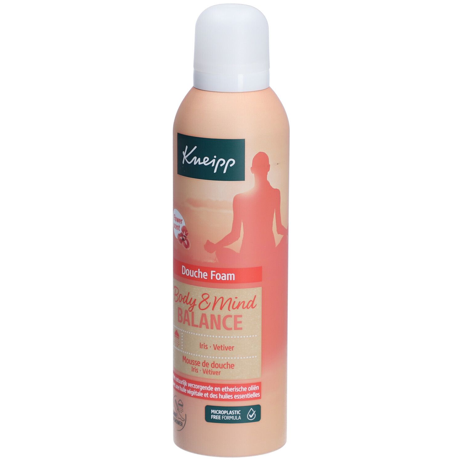 Mousse de douche Kneipp. Flacon beige rosé à bouchon blanc. Inscriptions et illustrations. "Body & Mind Balance".