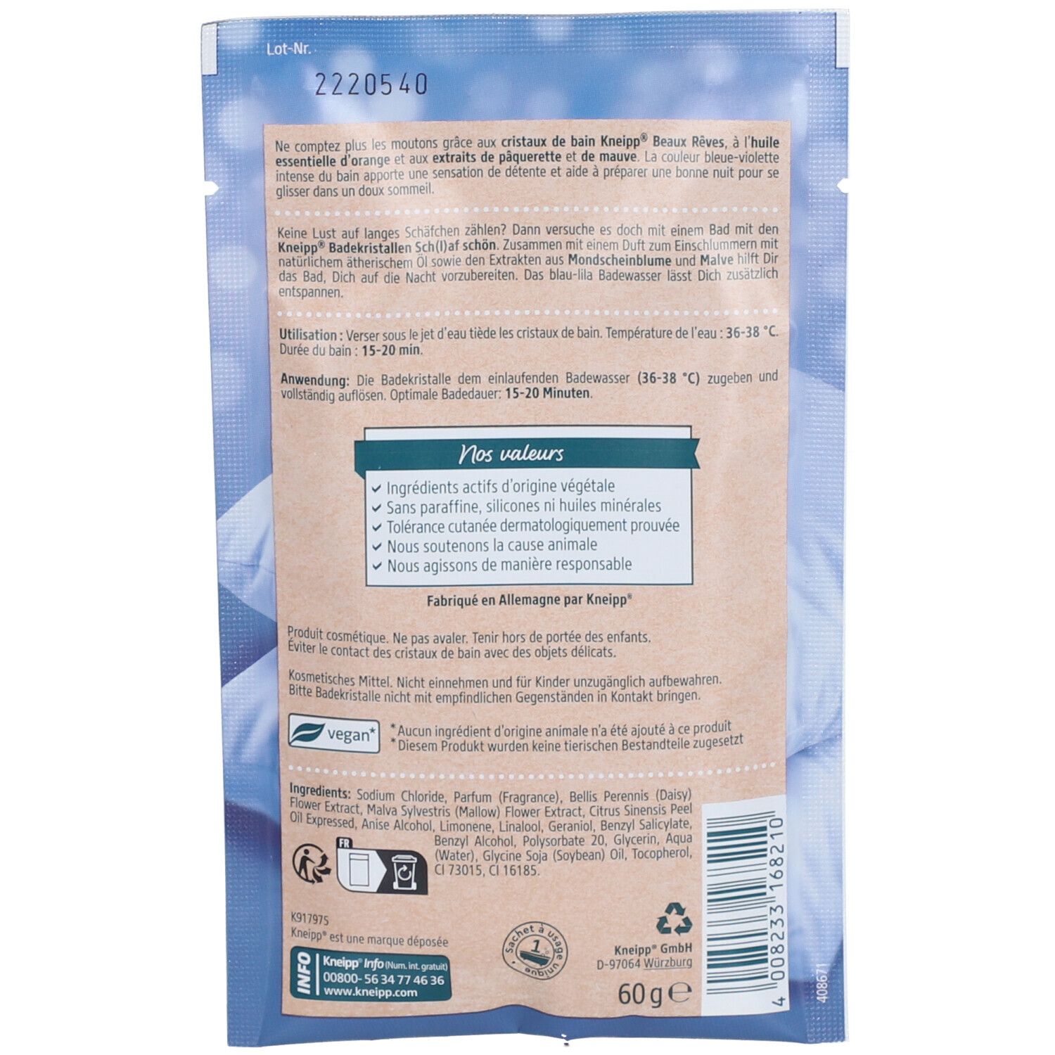 Rückseite der Verpackung von Kneipp Cristaux de Bain Beaux Rêves. Textinformationen und Inhaltsstoffe.