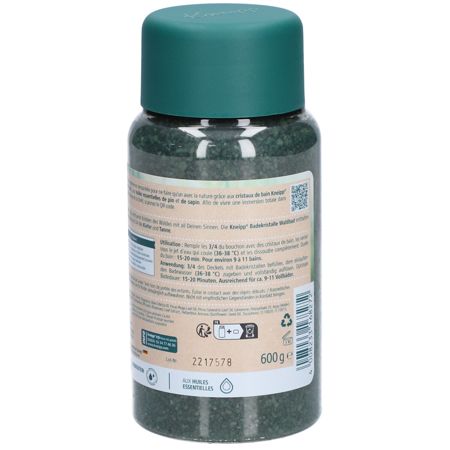 Rückansicht der Badesalzflasche. Etikett mit Produktinformationen, Inhaltsstoffen und Anwendungshinweisen. 600g.