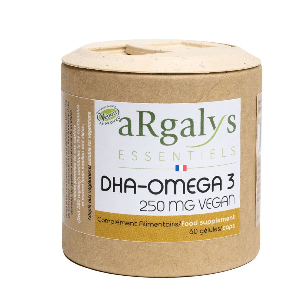 Boîte marron avec couvercle blanc. Inscription : aRgalys, DHA-OMEGA 3, 250 mg VEGAN. Label Vegan.