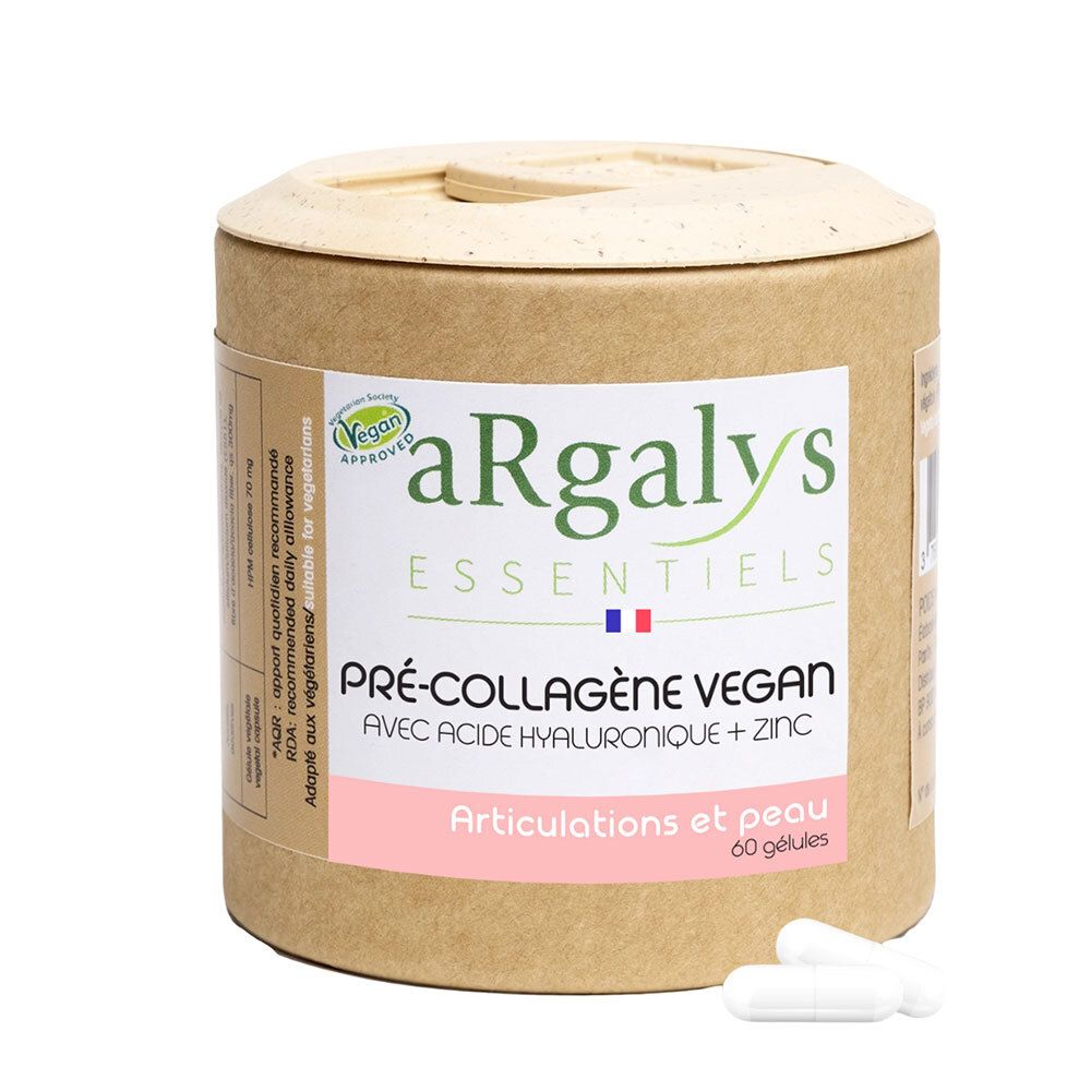 Boîte cylindrique 'aRgalys Pré-Collagène Vegan'. Contient 60 gélules. Certification Vegan.