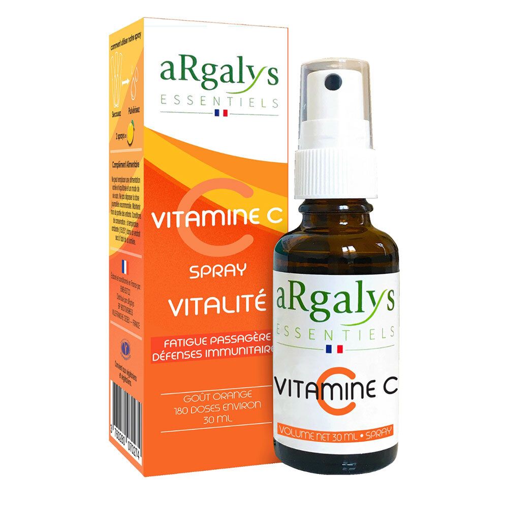 Flacon en verre brun avec spray et boîte. Inscription : aRgalys, Spray Vitamine C. Emballage orange.