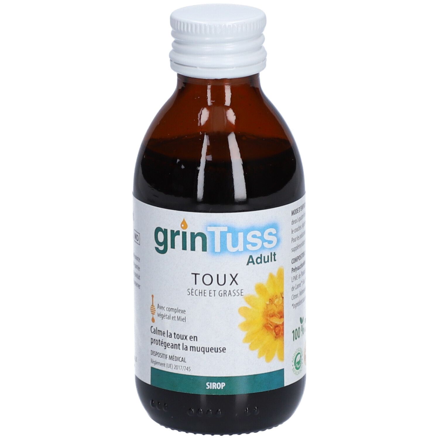 Flacon en verre brun avec bouchon blanc. Étiquette avec nom du produit et fleur jaune. Texte : Toux sèche et grasse.