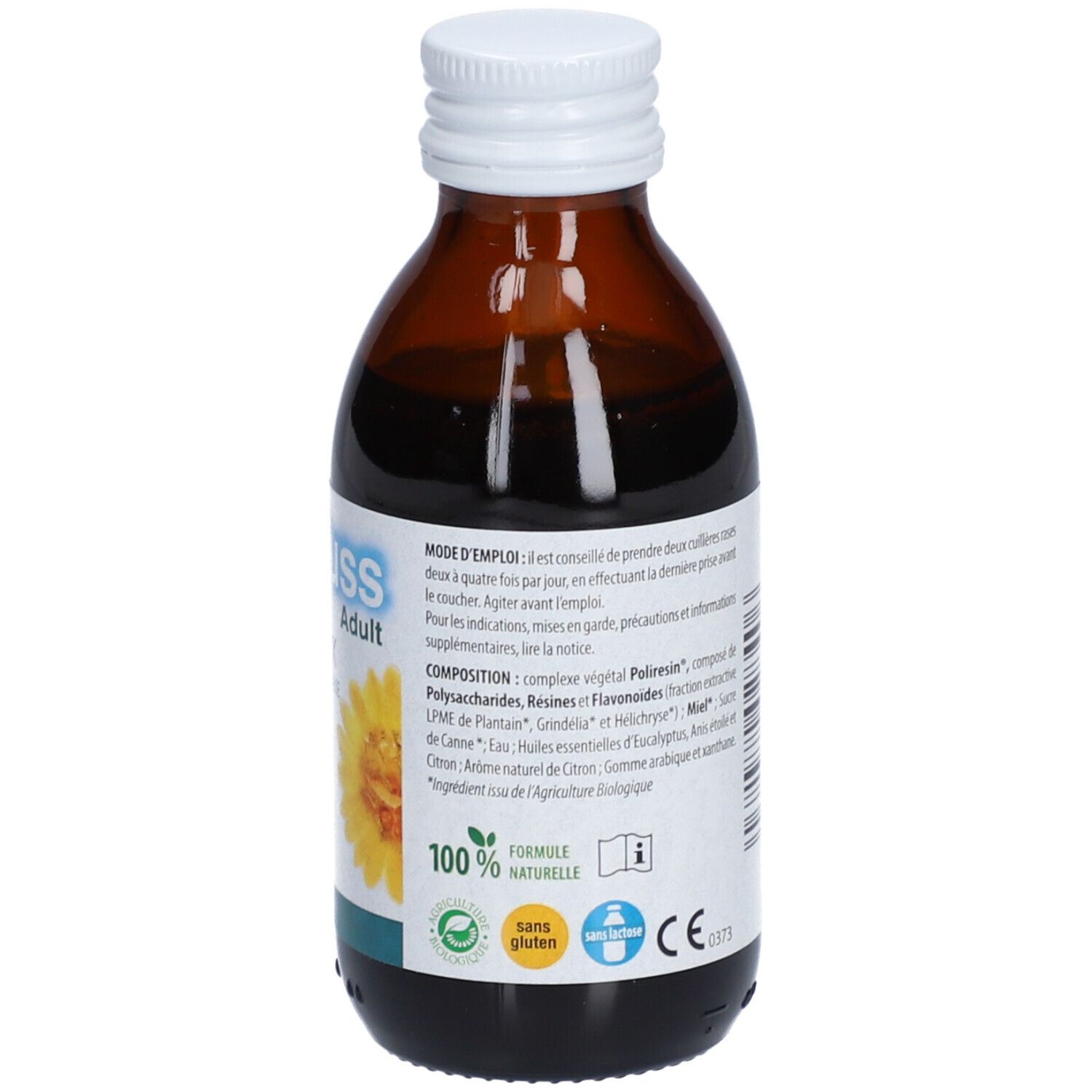Flacon en verre brun avec bouchon blanc. Étiquette avec informations, fleur jaune et texte. 100% naturel.