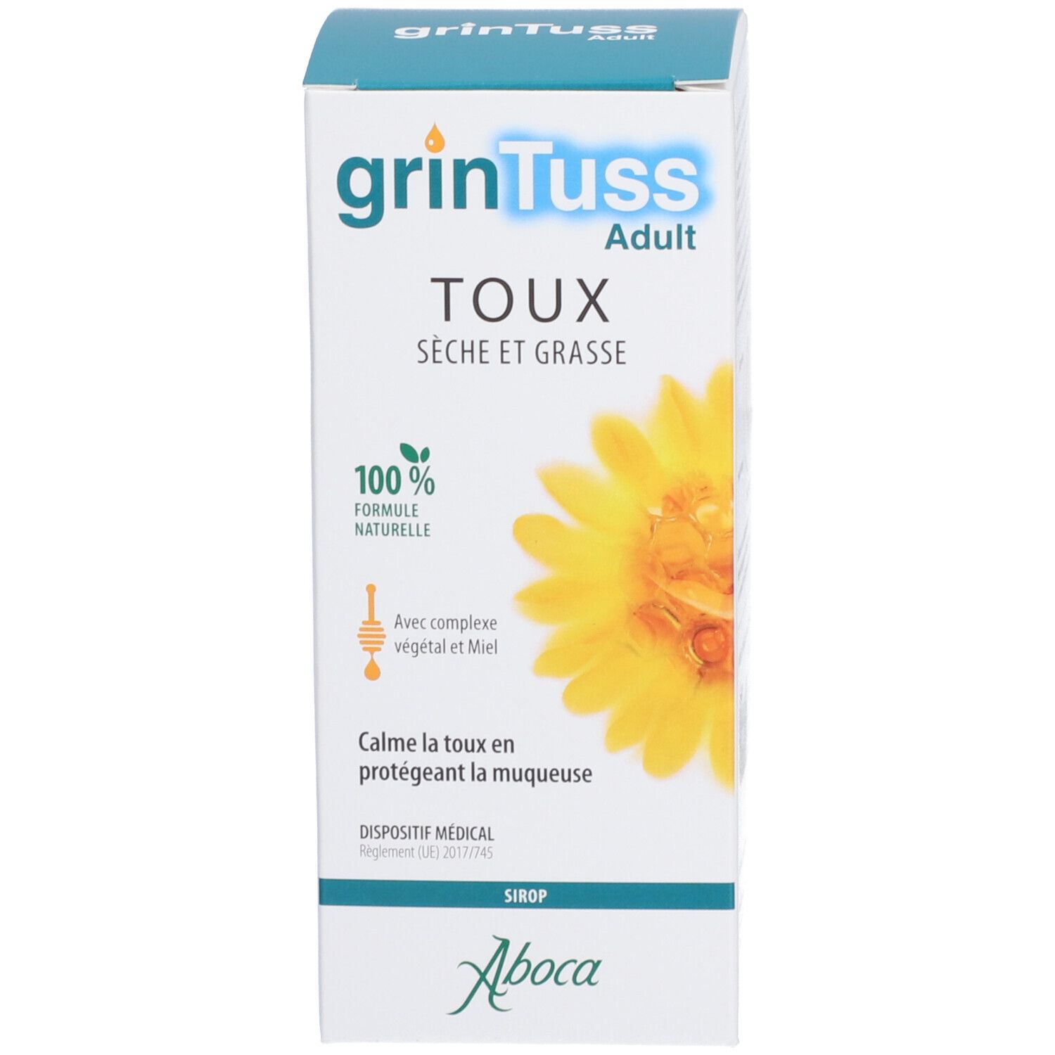 Emballage du produit. Boîte blanche avec nom du produit, fleur jaune et texte. Formule 100% naturelle.