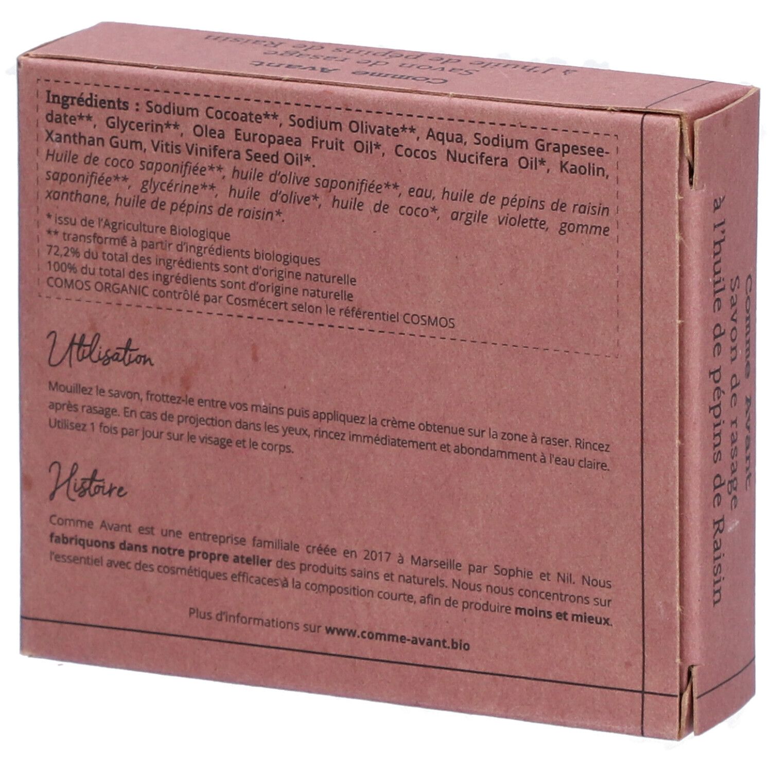 Dos de la boîte en carton. Liste des ingrédients et mode d'emploi. Texte: Savon de rasage à l'huile de pépins de Raisin. Certifié bio.