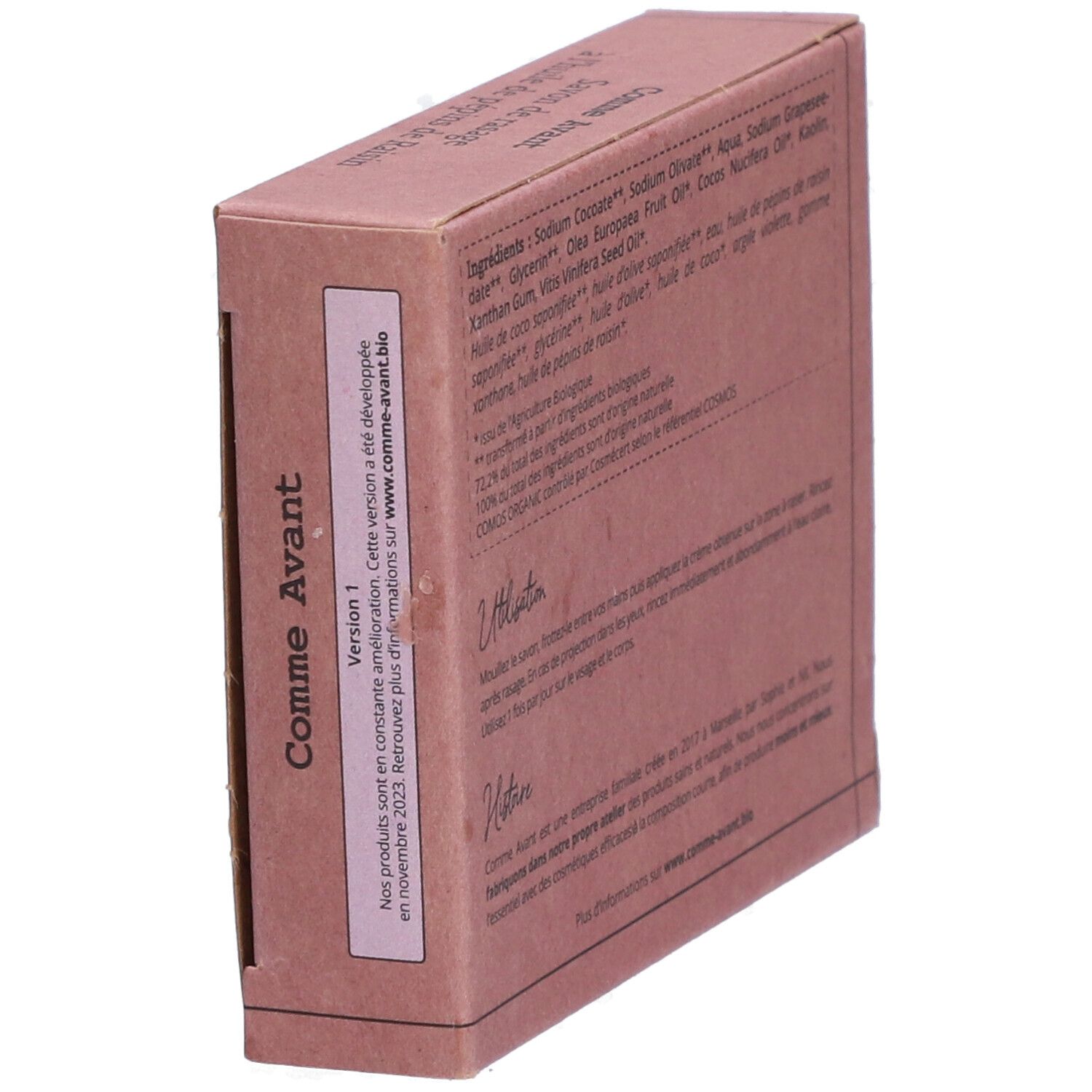 Dos de la boîte en carton, en biais. Texte: Savon de rasage à l'huile de pépins de Raisin. Certifié bio. Informations sur la marque.