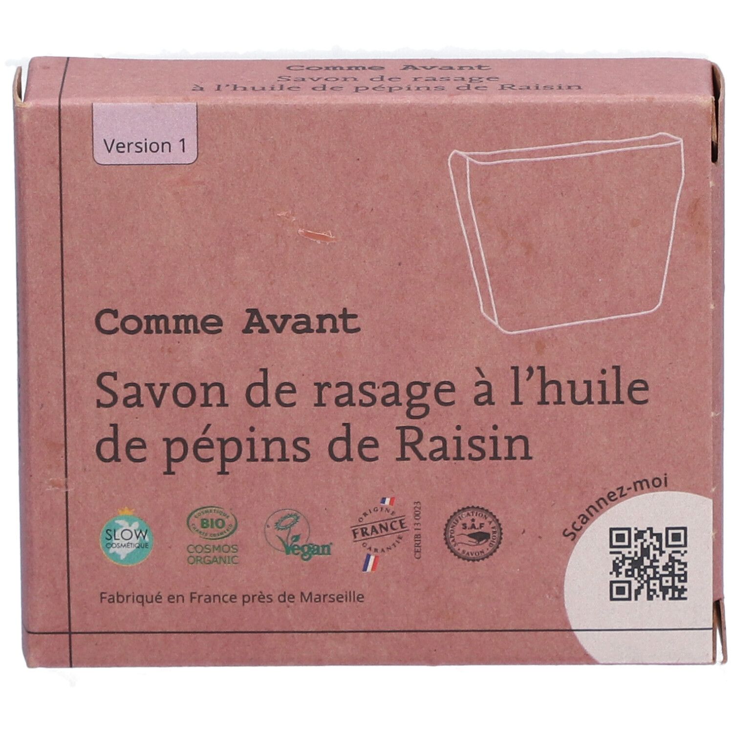 Boîte en carton avec nom et logo du produit. Texte: Savon de rasage à l'huile de pépins de Raisin. Certifié bio, vegan.