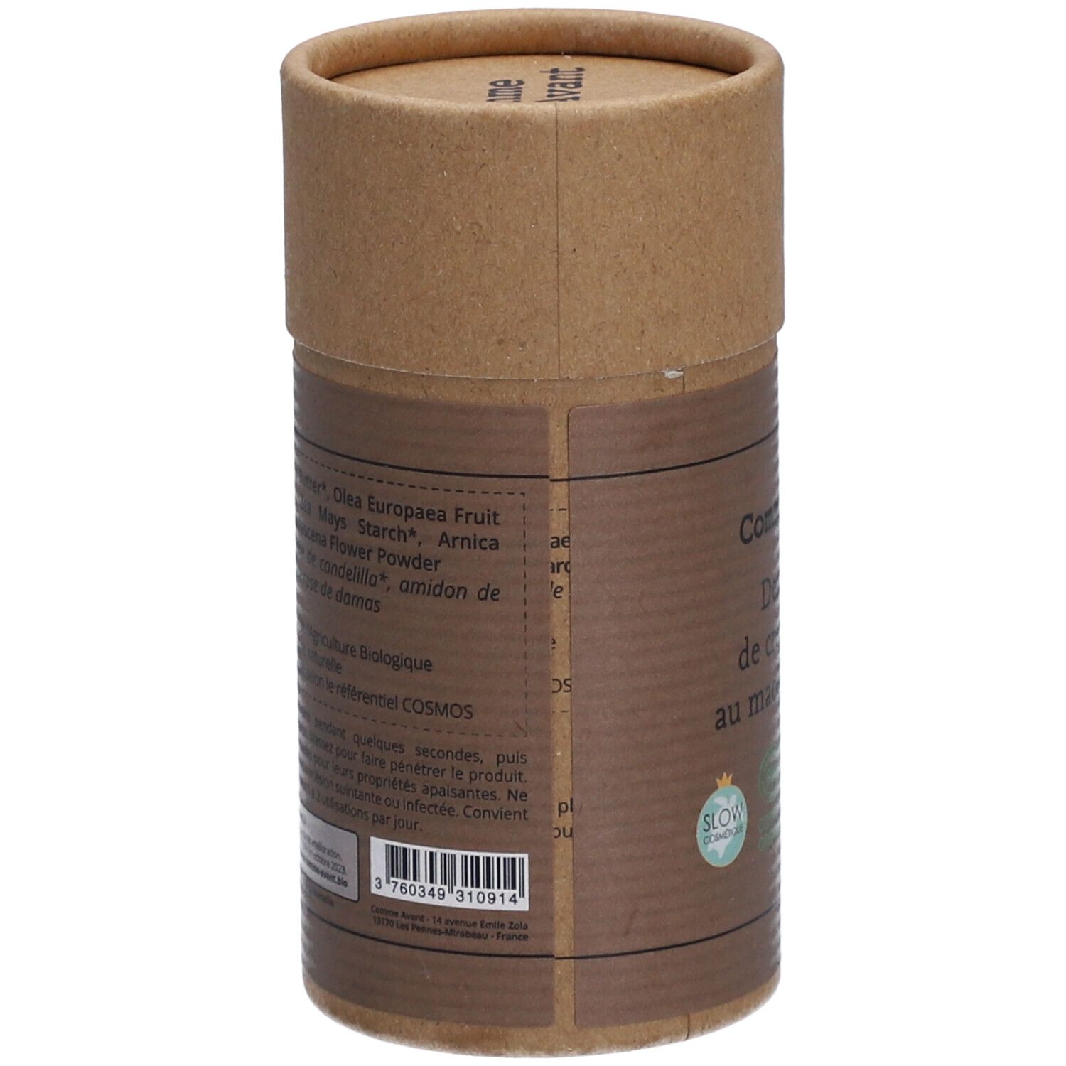 Rückseite der zylindrischen Comme Avant Creme-Verpackung. Zutatenliste und Bio-Zertifizierungen sind sichtbar.