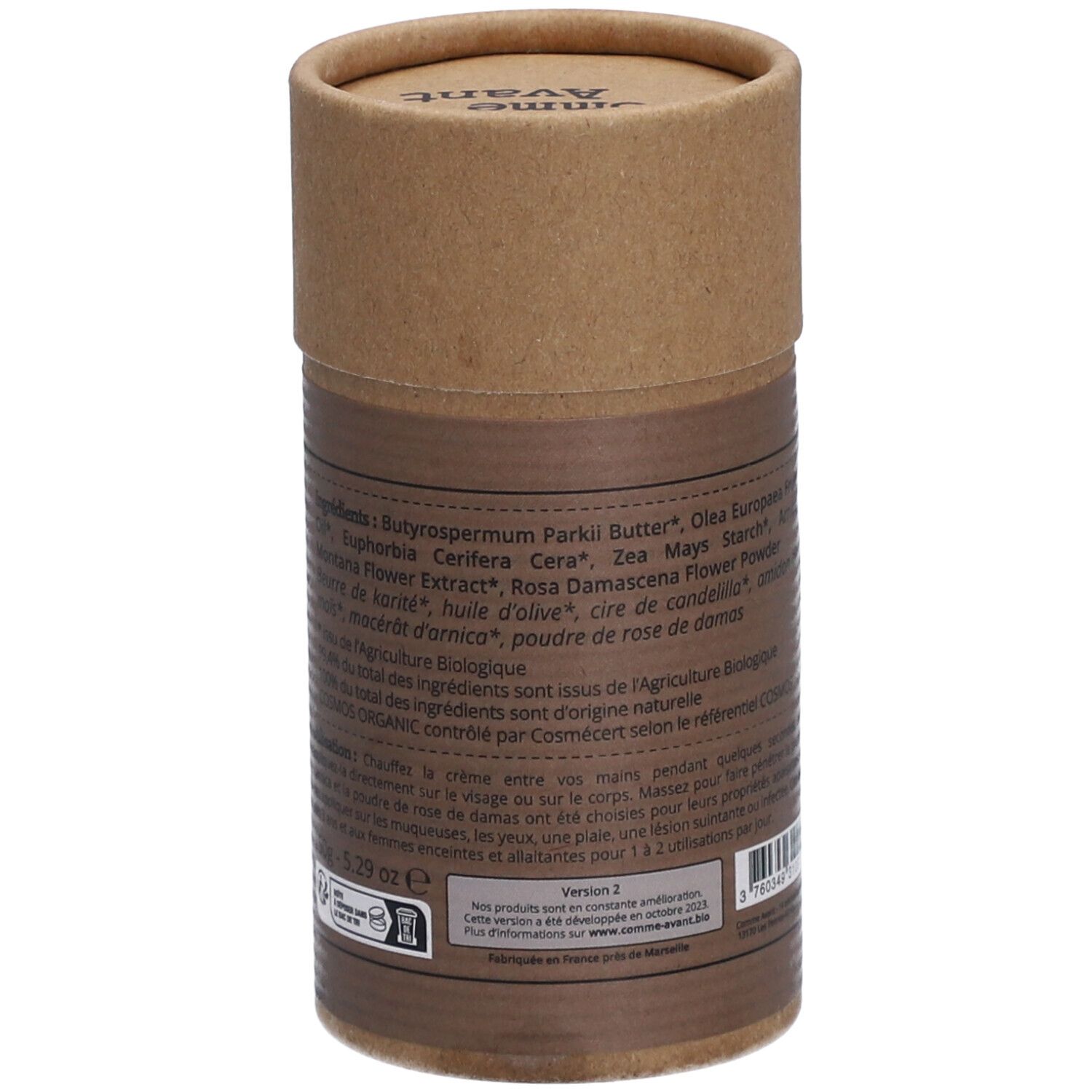 Detailansicht der Zutatenliste auf der Comme Avant Creme-Verpackung. Enthält Butyrospermum Parkii Butter, etc.